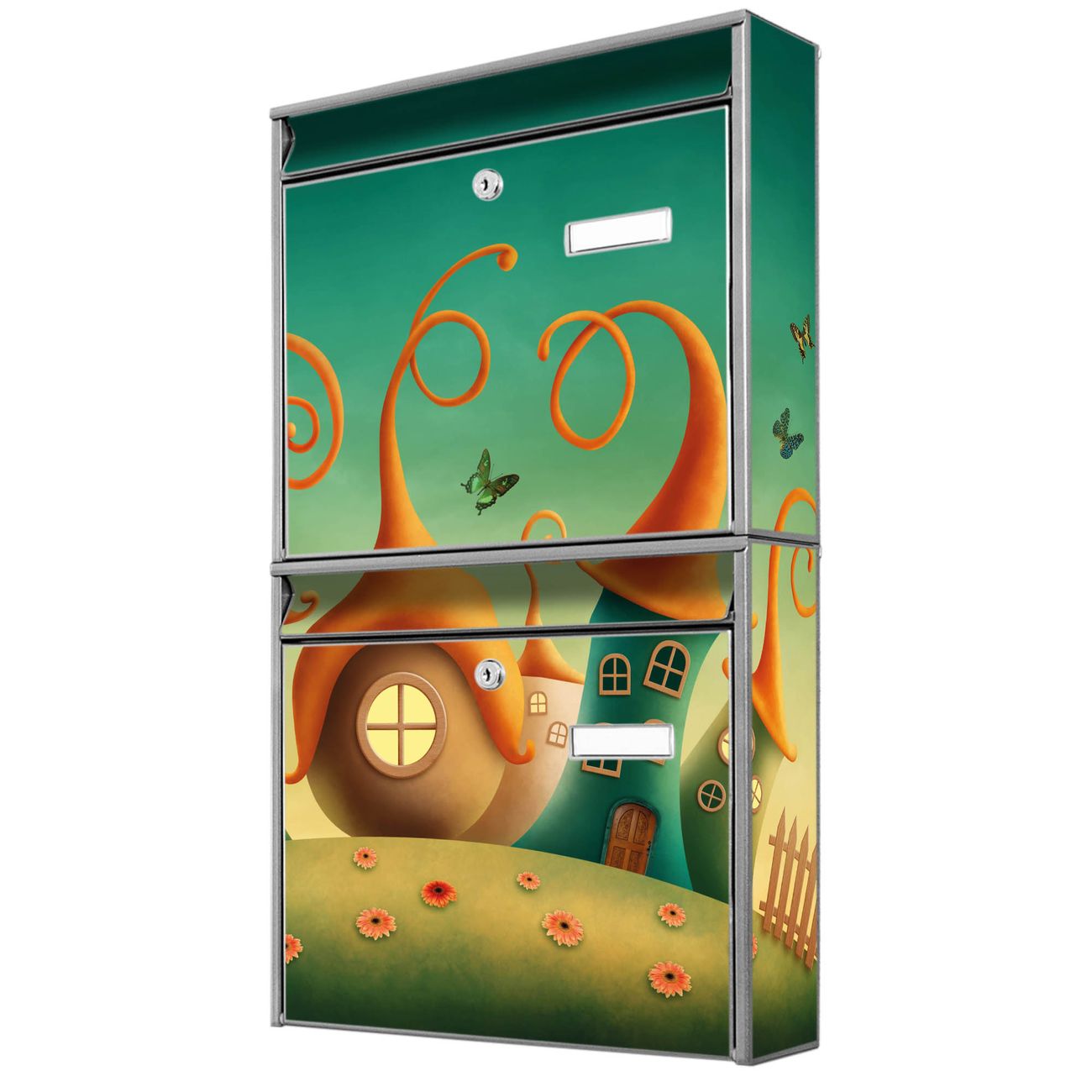 banjado Burg Wächter Briefkastenanlage silber Briefkasten Mehrfamilienhaus, 36,2x64,5x10cm BxHxT, verzinkt und lackiert, mit Motiv Zwergenhausen