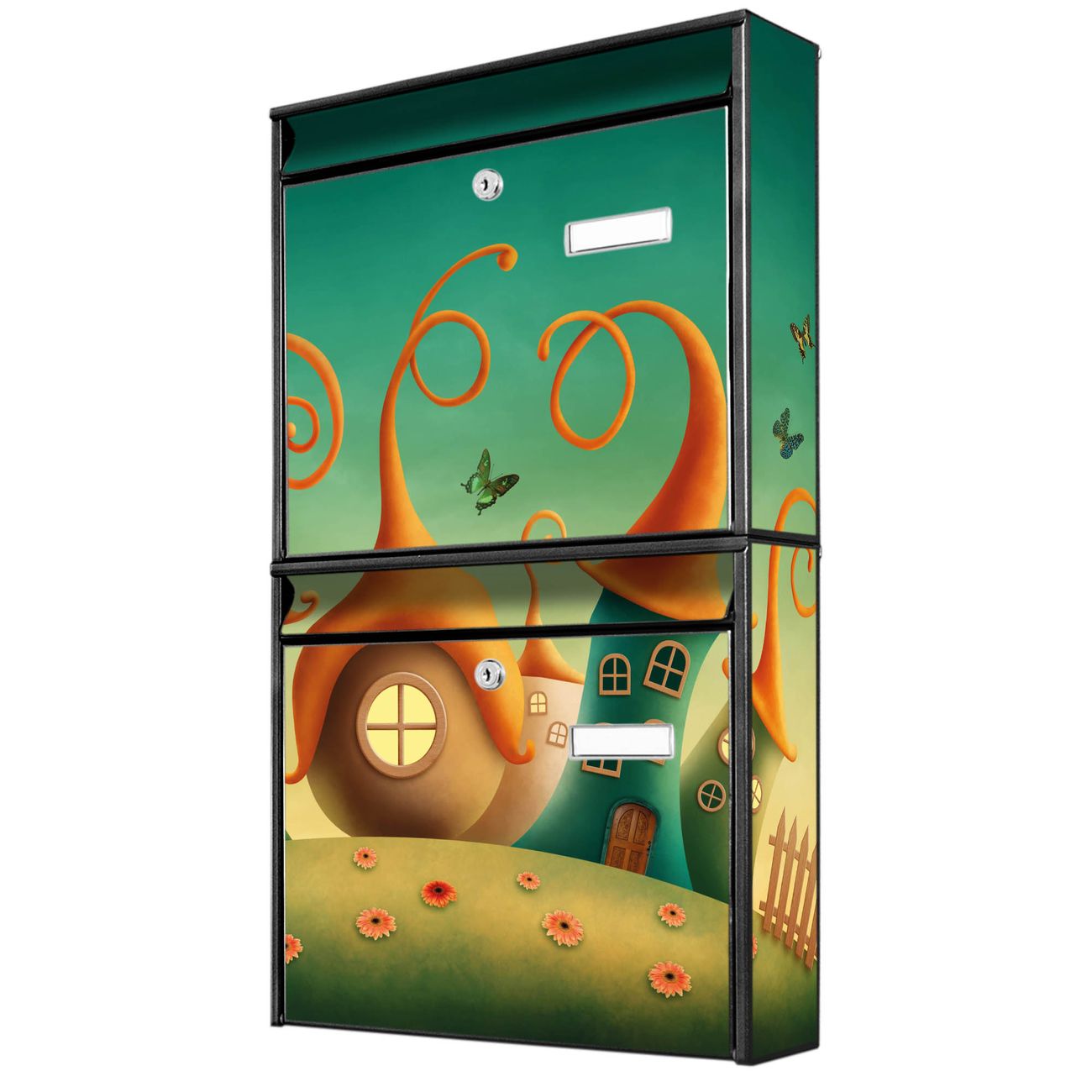 banjado Burg Wächter Briefkastenanlage schwarz Briefkasten Mehrfamilienhaus, 36,2x64,5x10cm BxHxT, verzinkt und lackiert, mit Motiv Zwergenhausen