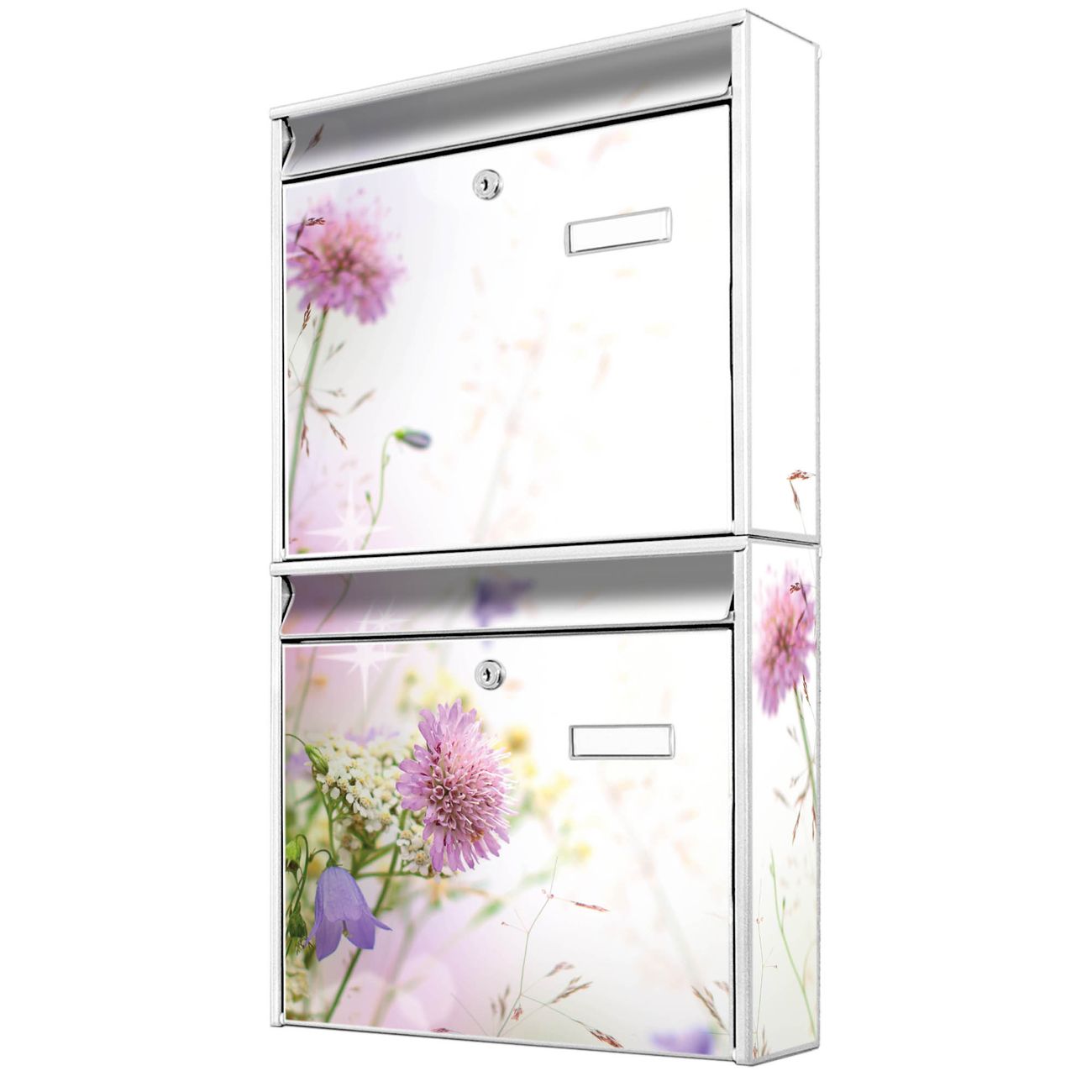 banjado Burg Wächter Briefkastenanlage weiß Briefkasten Mehrfamilienhaus, 36,2x64,5x10cm BxHxT, verzinkt und lackiert, mit Motiv Wiese Blumen