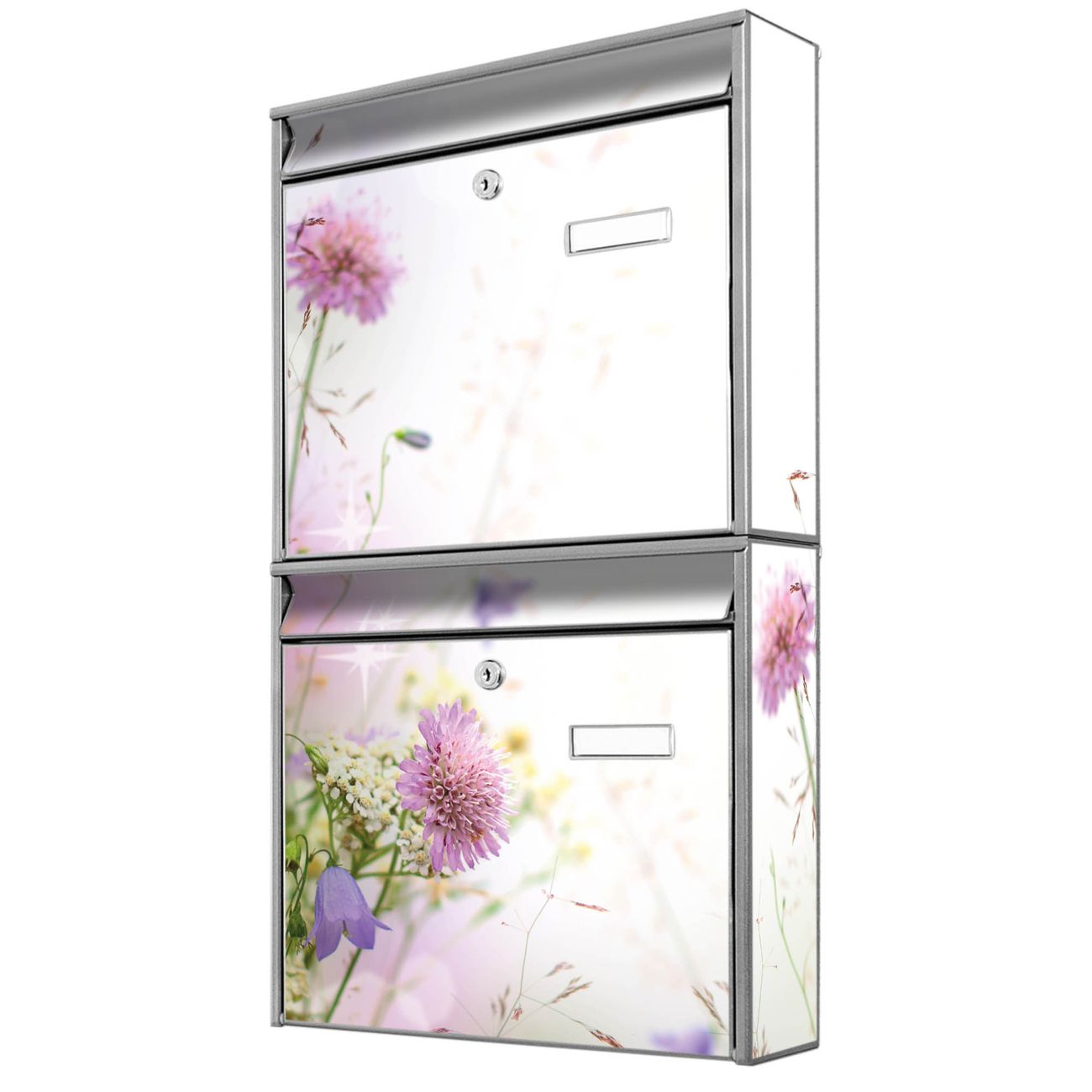 banjado Burg Wächter Briefkastenanlage silber Briefkasten Mehrfamilienhaus, 36,2x64,5x10cm BxHxT, verzinkt und lackiert, mit Motiv Wiese Blumen