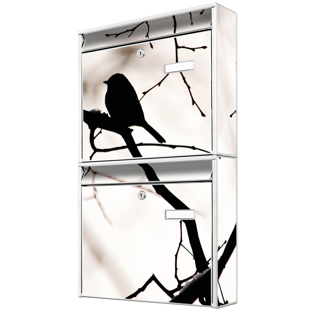 banjado Burg Wächter Briefkastenanlage weiß Briefkasten Mehrfamilienhaus, 36,2x64,5x10cm BxHxT, verzinkt und lackiert, mit Motiv Früher Vogel