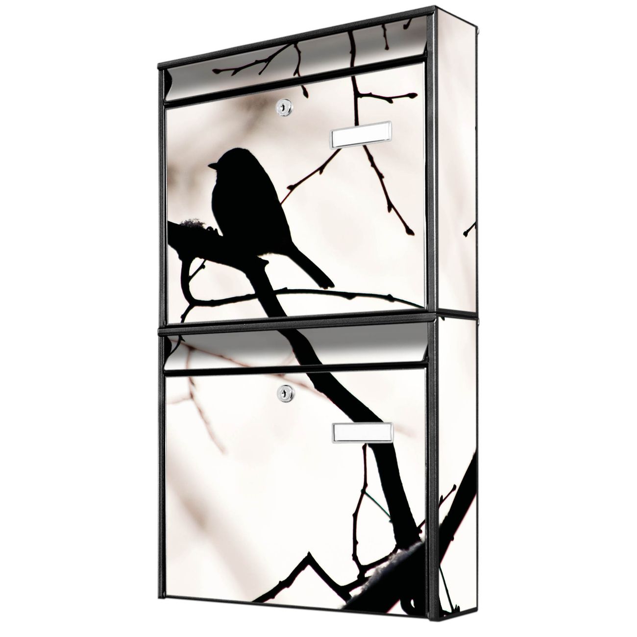 banjado Burg Wächter Briefkastenanlage schwarz Briefkasten Mehrfamilienhaus, 36,2x64,5x10cm BxHxT, verzinkt und lackiert, mit Motiv Früher Vogel