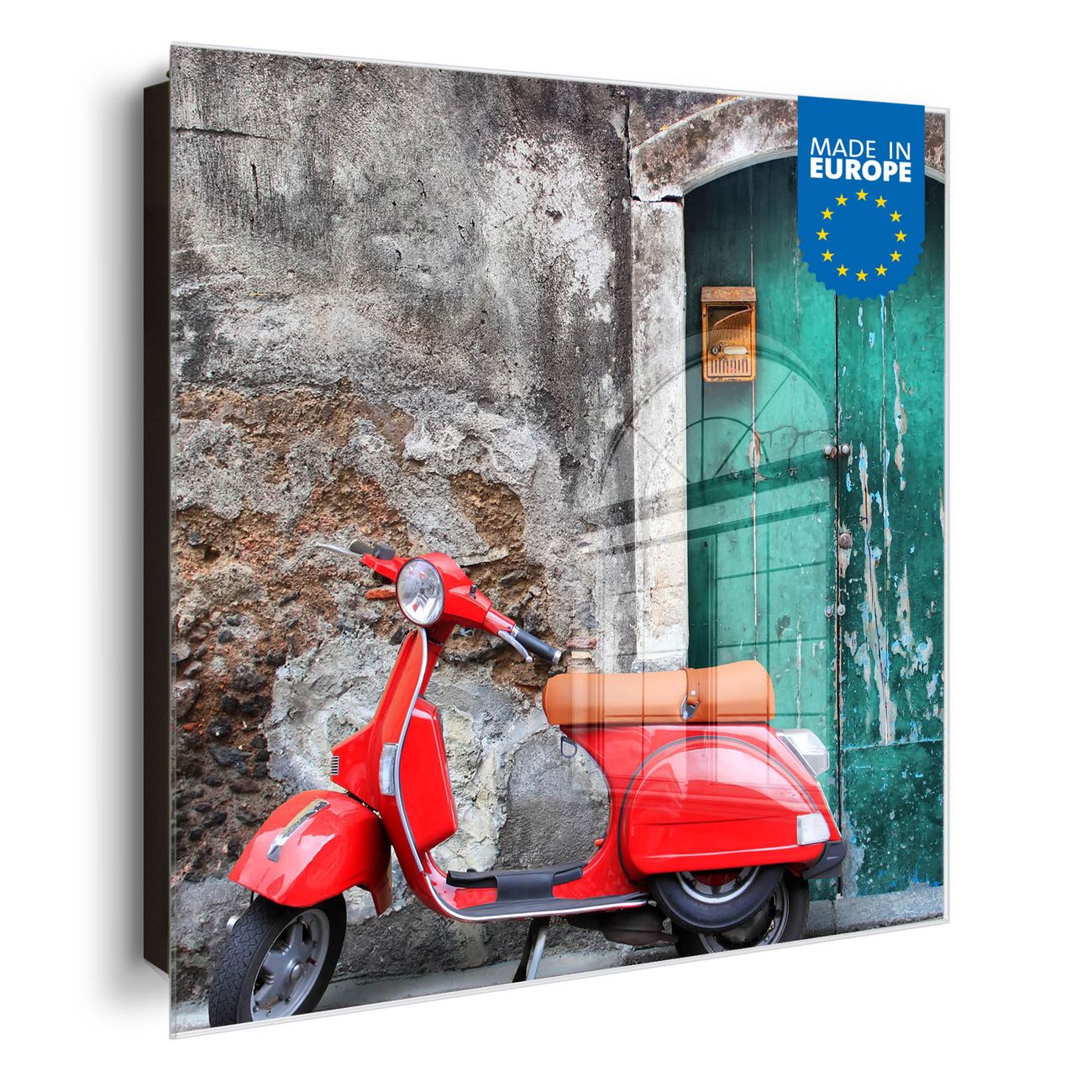 Großer Schlüsselkasten aus Glas von banjado, Schlüsselaufbewahrung 30cm x 30cm mit 50 Haken, moderne Schlüsselbox Motiv Italienischer Roller mit beschreibbarer Glastür