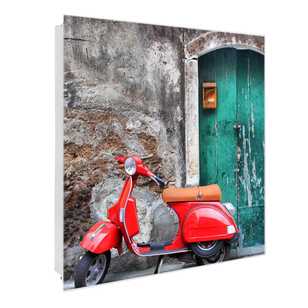 Großer Schlüsselkasten aus Glas von banjado, Schlüsselaufbewahrung 30cm x 30cm mit 50 Haken, moderne Schlüsselbox Motiv Italienischer Roller mit beschreibbarer Glastür