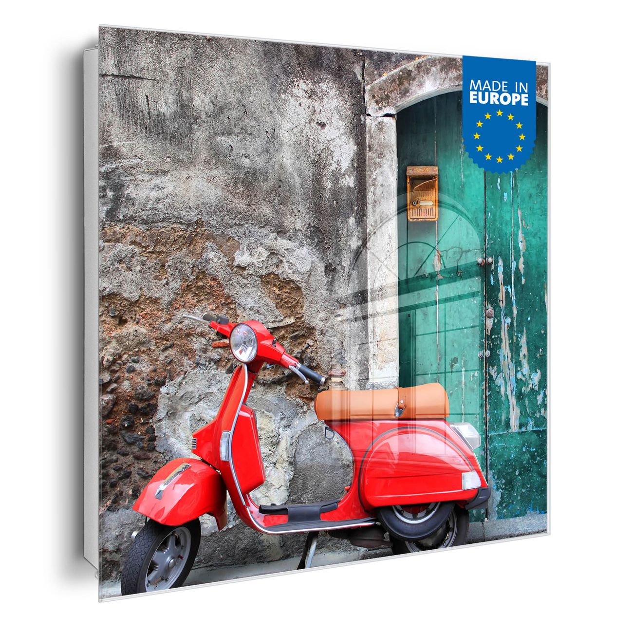 Großer Schlüsselkasten aus Glas von banjado, Schlüsselaufbewahrung 30cm x 30cm mit 50 Haken, moderne Schlüsselbox Motiv Italienischer Roller mit beschreibbarer Glastür