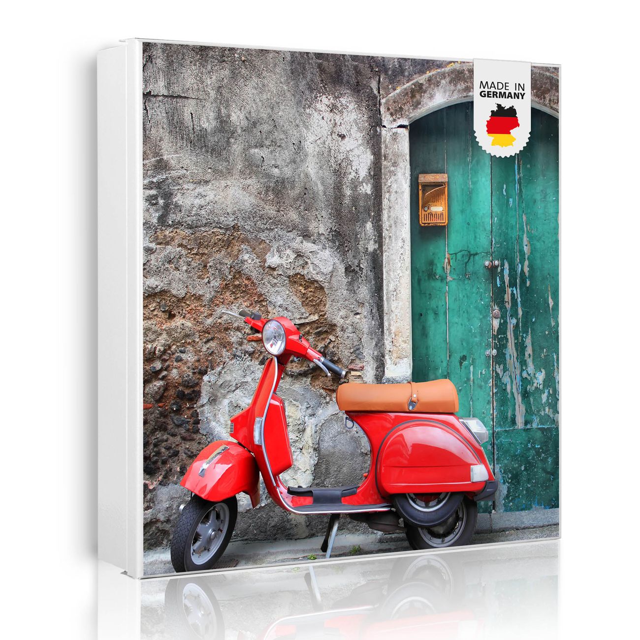 Großer Schlüsselkasten aus Metall von banjado, Schlüsselaufbewahrung 30cm x 30cm mit 32 Haken, Schlüsselbox Motiv Italienischer Roller mit beschreibbarer und magnetischer Front