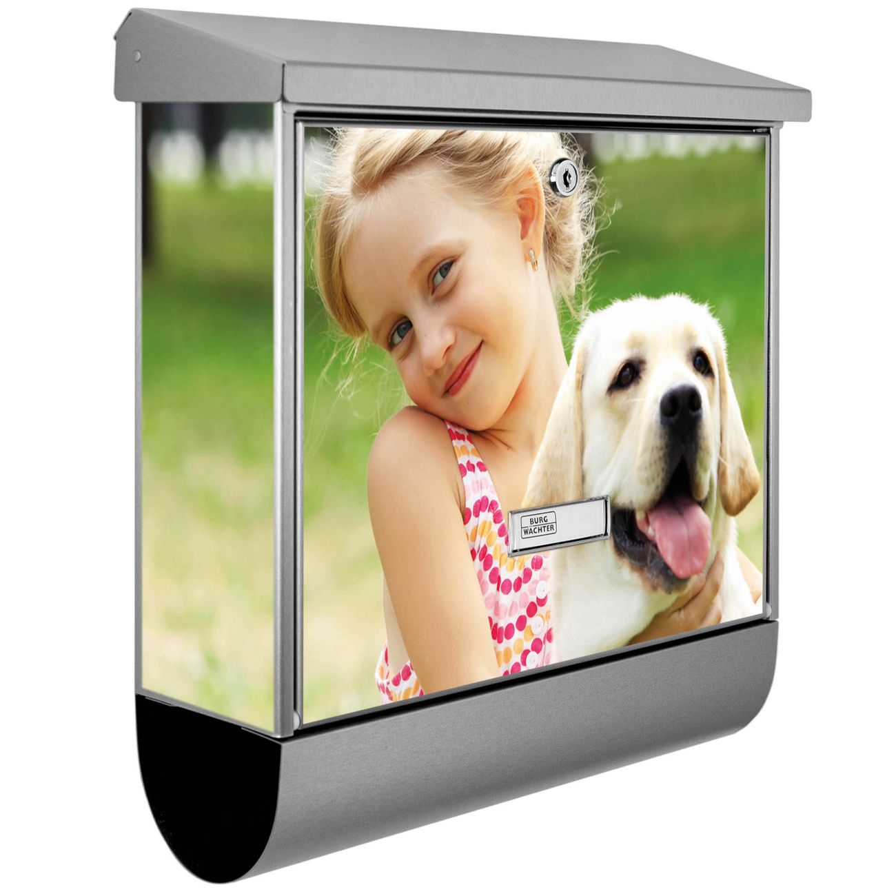 Burg-Wächter Edelstahl Briefkasten groß mit integriertem Zeitungsfach und Namensschild Motiv Eigenes Bild, 2 Schlüsse sowie Montagematerial inklusive