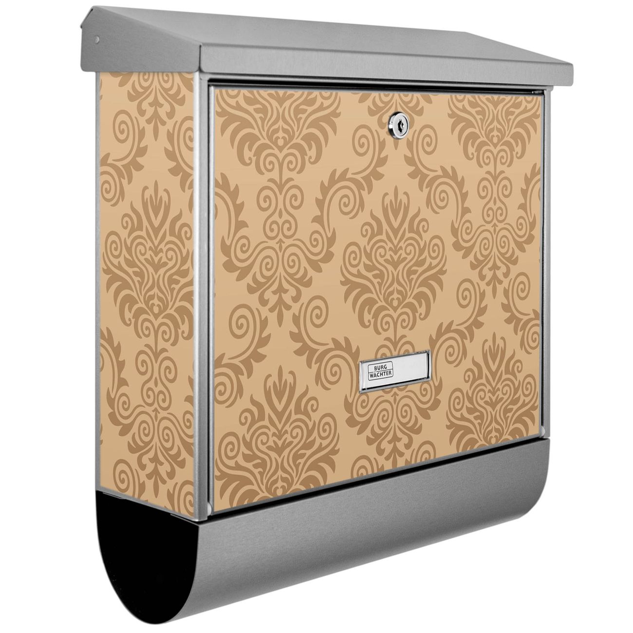 Burg-Wächter Briefkasten Edelstahl mit Regendach und Motiv Tapete Beige, Briefkasten grau mit 2 Schlüsseln und Montagematerial, geräumiger Postkasten