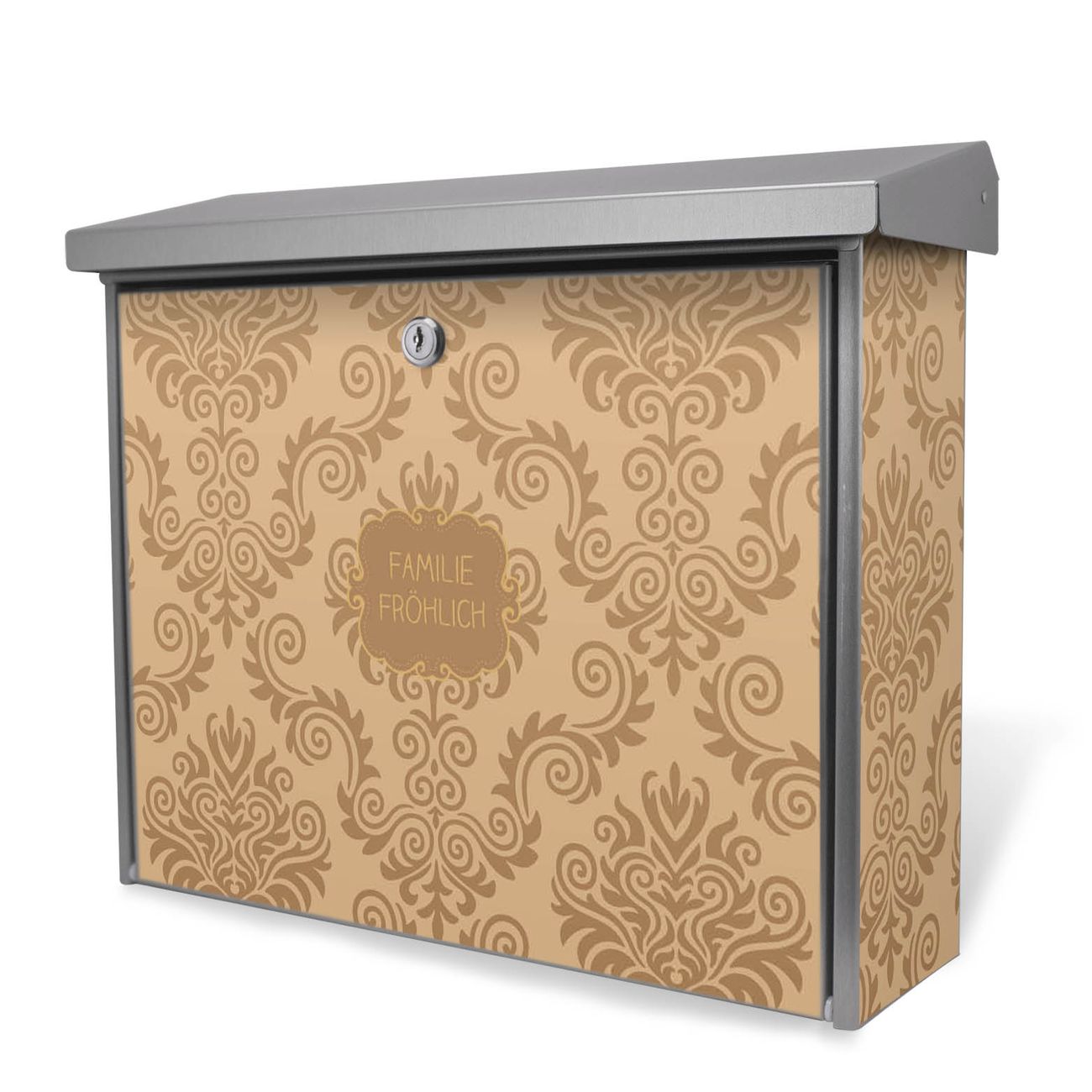 Burg-Wächter Briefkasten Edelstahl mit Regendach und Motiv Tapete Beige, Briefkasten grau mit 2 Schlüsseln und Montagematerial, geräumiger Postkasten