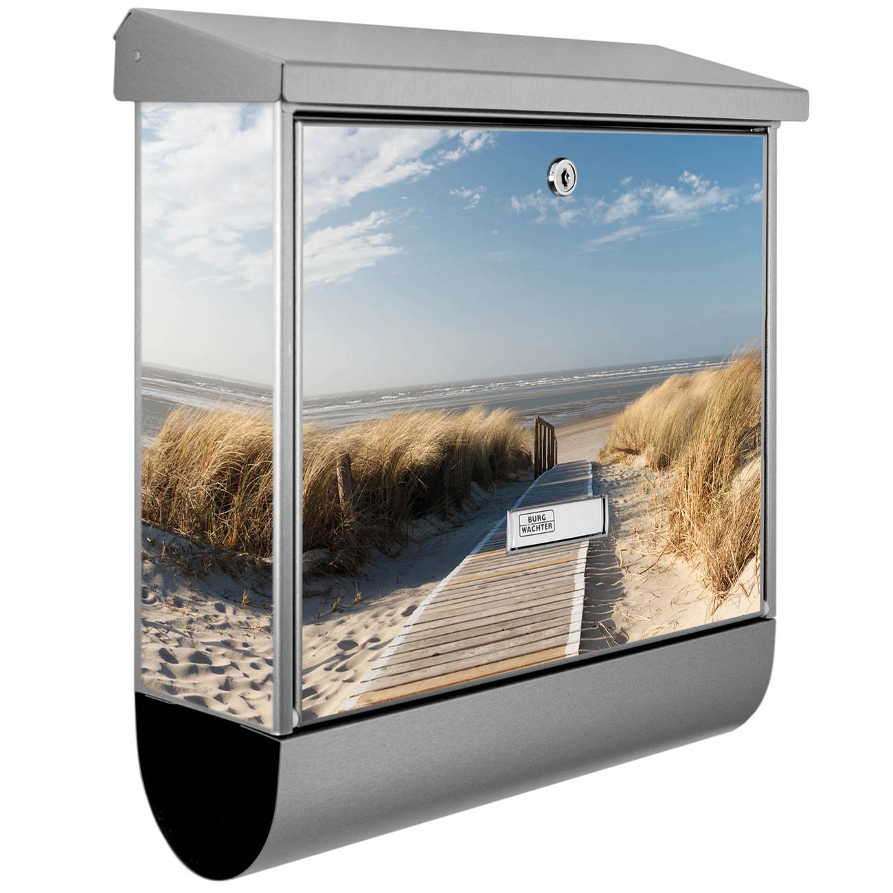 Burg-Wächter Briefkasten Edelstahl mit Regendach und Motiv Dünen, Briefkasten grau mit 2 Schlüsseln und Montagematerial, geräumiger Postkasten
