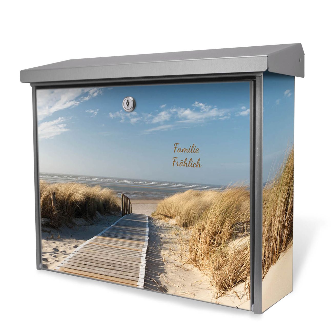 Burg-Wächter Briefkasten Edelstahl mit Regendach und Motiv Dünen, Briefkasten grau mit 2 Schlüsseln und Montagematerial, geräumiger Postkasten