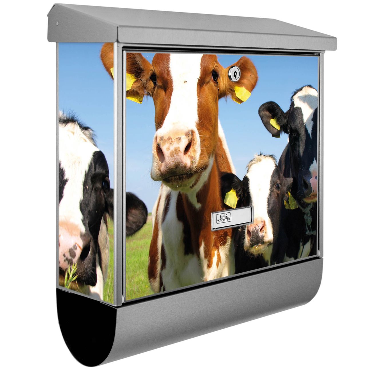 Burg-Wächter Briefkasten Edelstahl mit Regendach und Motiv Kühe, Briefkasten grau mit 2 Schlüsseln und Montagematerial, geräumiger Postkasten