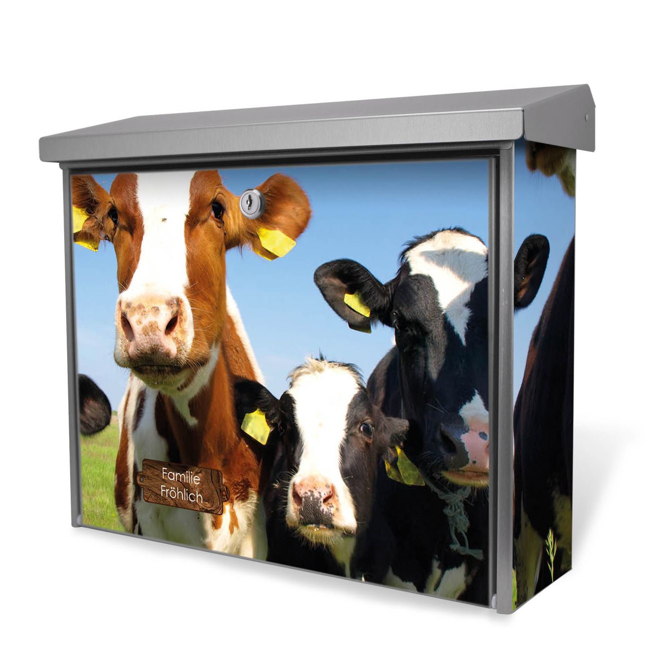 Burg-Wächter Briefkasten Edelstahl mit Regendach und Motiv Kühe, Briefkasten grau mit 2 Schlüsseln und Montagematerial, geräumiger Postkasten