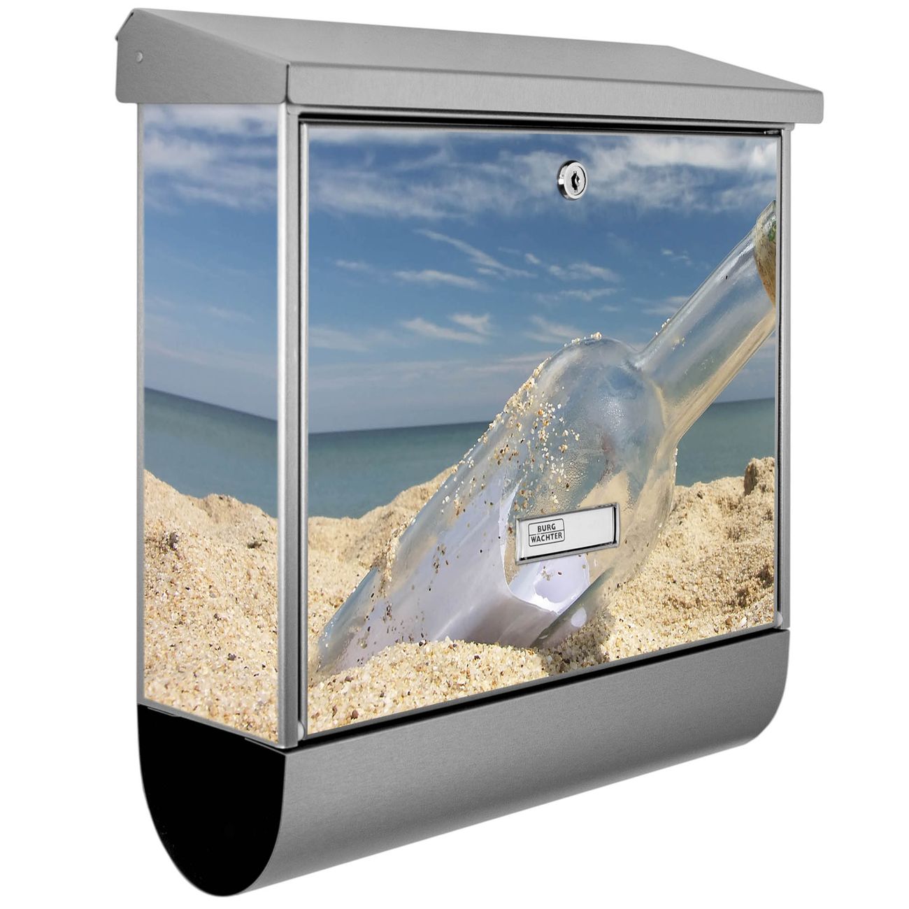 Burg-Wächter Edelstahl Briefkasten groß mit integriertem Zeitungsfach und Namensschild Motiv Flaschenpost, 2 Schlüsse sowie Montagematerial inklusive