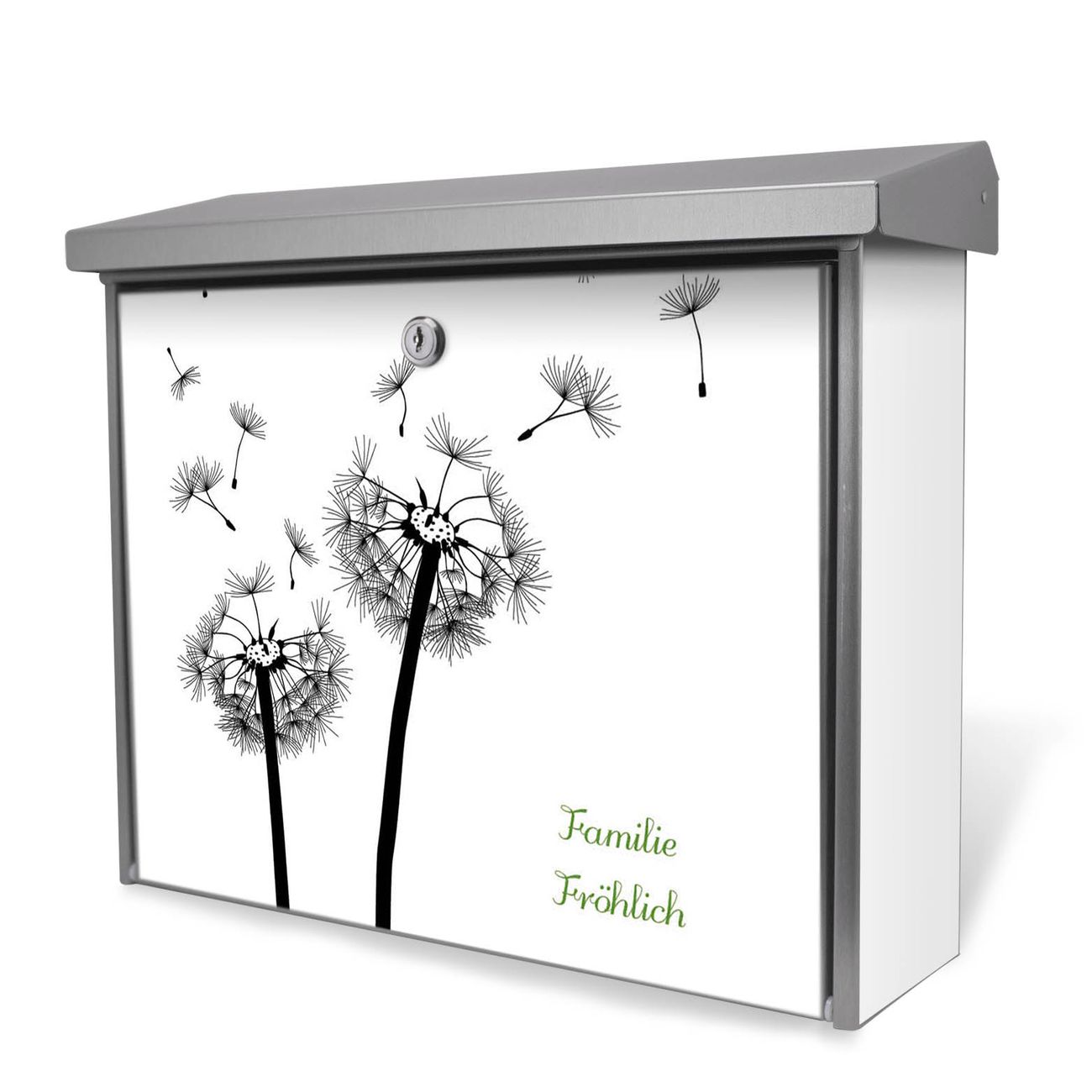 Burg-Wächter Briefkasten Edelstahl mit Regendach und Motiv Pusteblume 2, Briefkasten grau mit 2 Schlüsseln und Montagematerial, geräumiger Postkasten