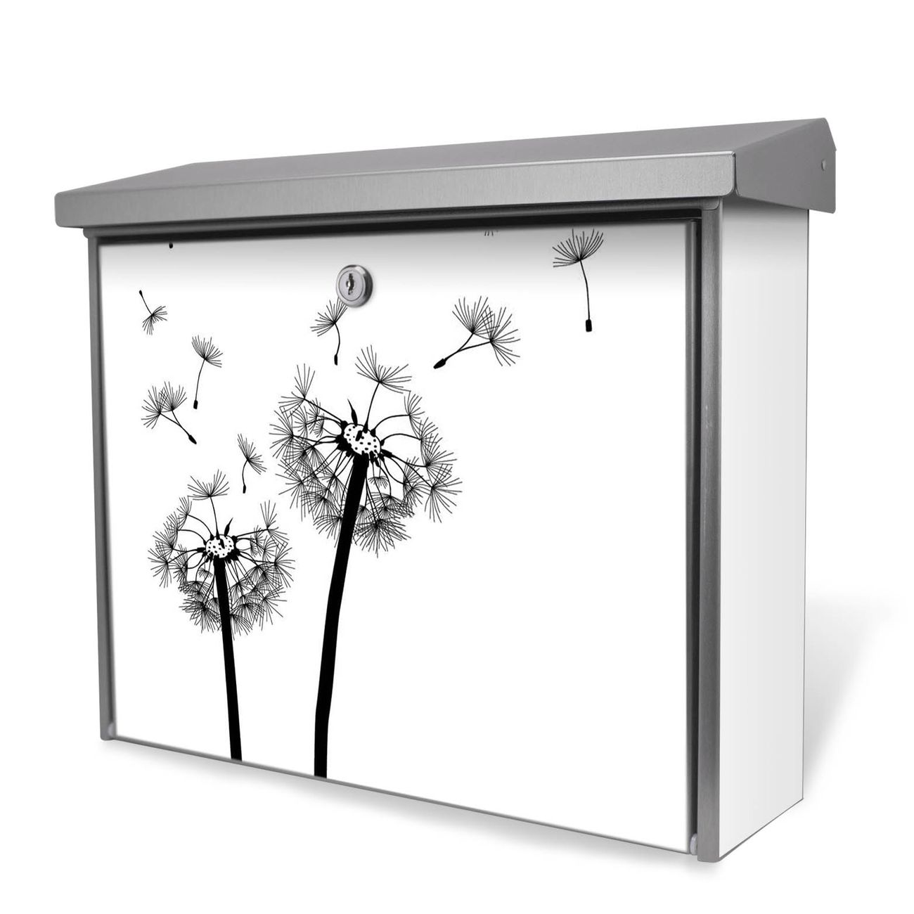 Burg-Wächter Briefkasten Edelstahl mit Regendach und Motiv Pusteblume 2, Briefkasten grau mit 2 Schlüsseln und Montagematerial, geräumiger Postkasten