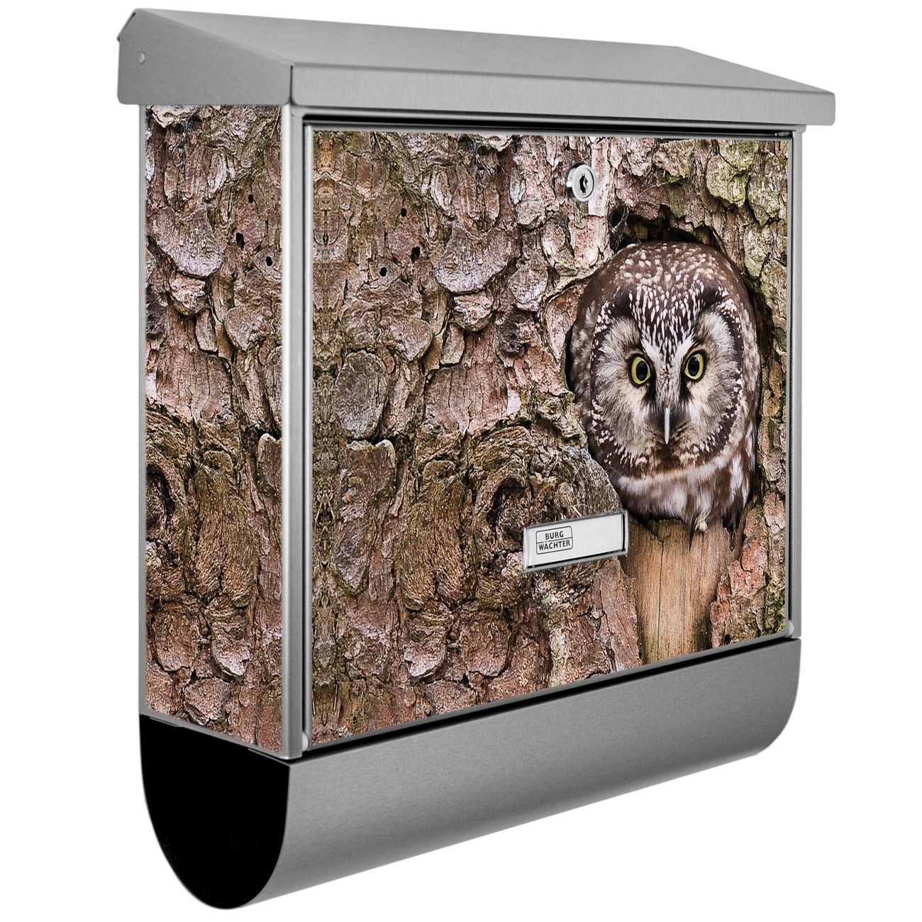 Burg-Wächter Edelstahl Briefkasten groß mit integriertem Zeitungsfach und Namensschild Motiv Eule, 2 Schlüsse sowie Montagematerial inklusive