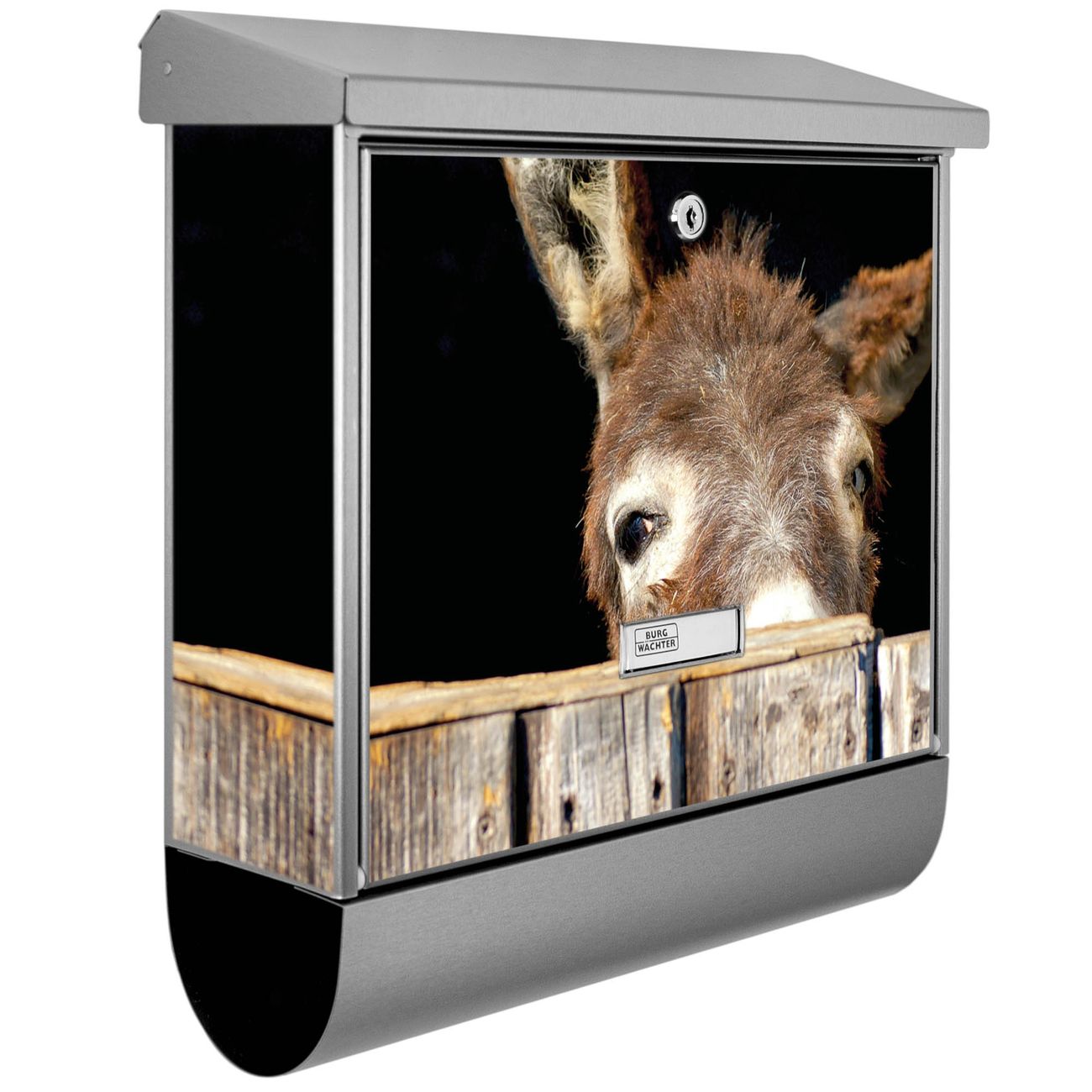 Burg-Wächter Edelstahl Briefkasten groß mit integriertem Zeitungsfach und Namensschild Motiv Esel, 2 Schlüsse sowie Montagematerial inklusive