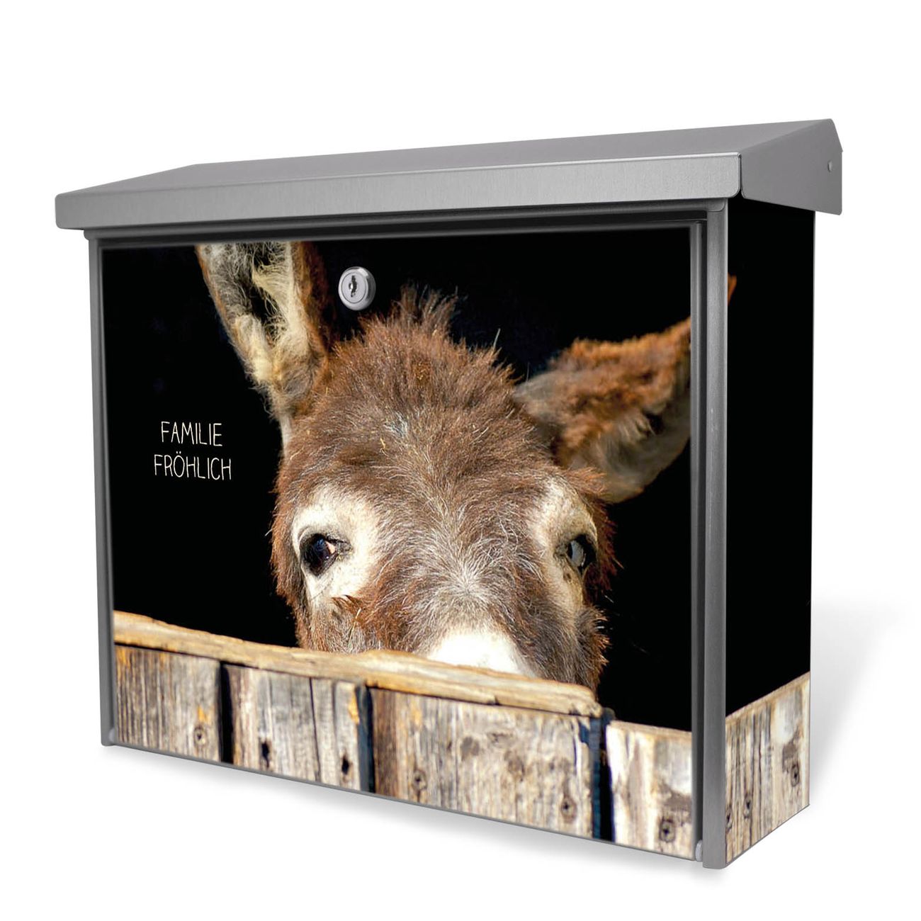 Burg-Wächter Edelstahl Briefkasten groß mit integriertem Zeitungsfach und Namensschild Motiv Esel, 2 Schlüsse sowie Montagematerial inklusive