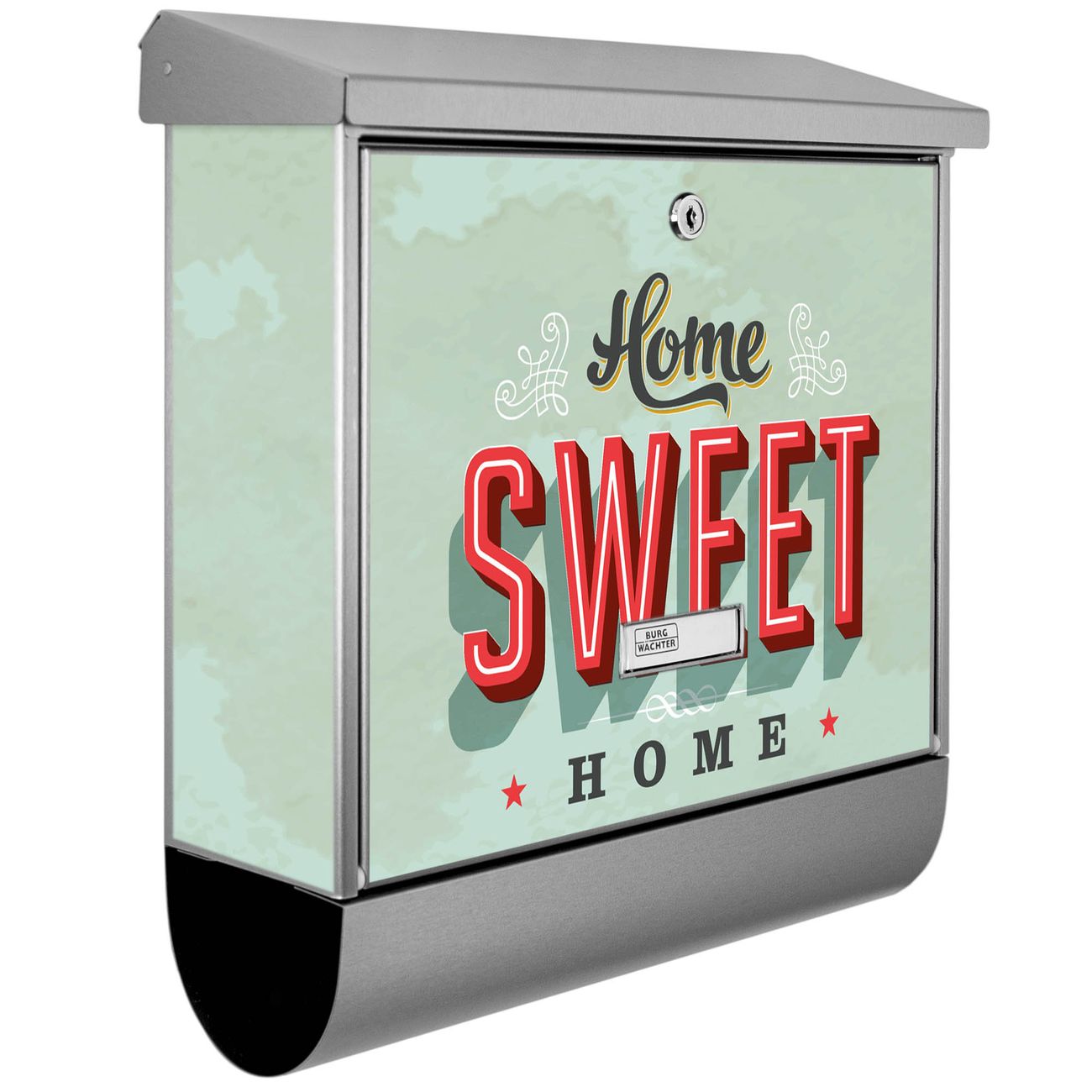 Burg-Wächter Edelstahl Briefkasten groß mit integriertem Zeitungsfach und Namensschild Motiv Sweet Home, 2 Schlüsse sowie Montagematerial inklusive