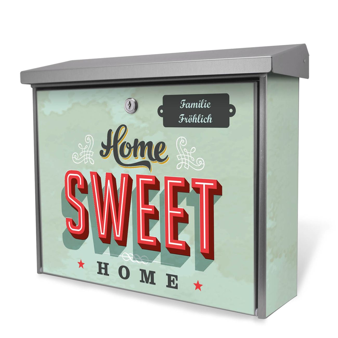 Burg-Wächter Edelstahl Briefkasten groß mit integriertem Zeitungsfach und Namensschild Motiv Sweet Home, 2 Schlüsse sowie Montagematerial inklusive