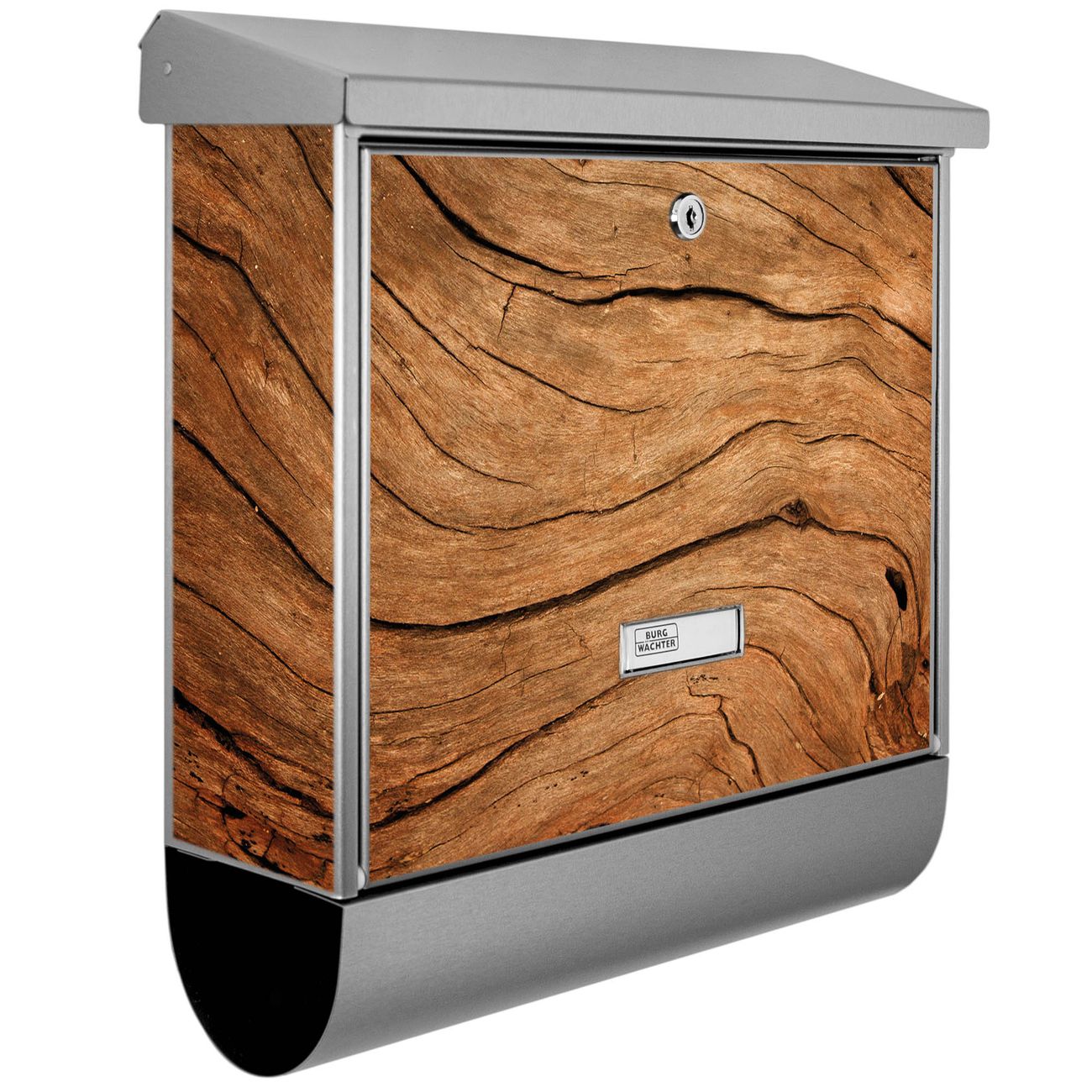 Burg-Wächter Briefkasten Edelstahl mit Regendach und Motiv Holzmaserung, Briefkasten grau mit 2 Schlüsseln und Montagematerial, geräumiger Postkasten