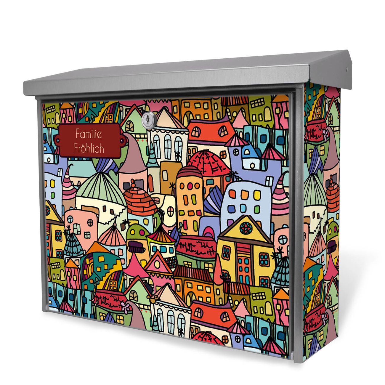 Burg-Wächter Edelstahl Briefkasten personalisiert Motiv Funky Town, 2 Schlüsse sowie Montagematerial inklusive