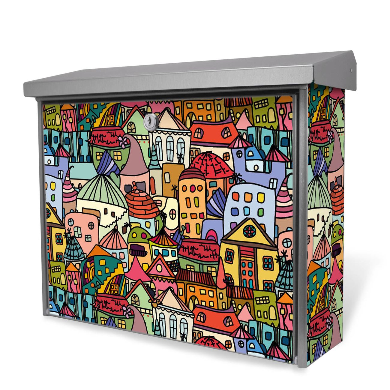 Burg-Wächter Edelstahl Briefkasten groß mit integriertem Zeitungsfach und Namensschild Motiv Funky Town, 2 Schlüsse sowie Montagematerial inklusive