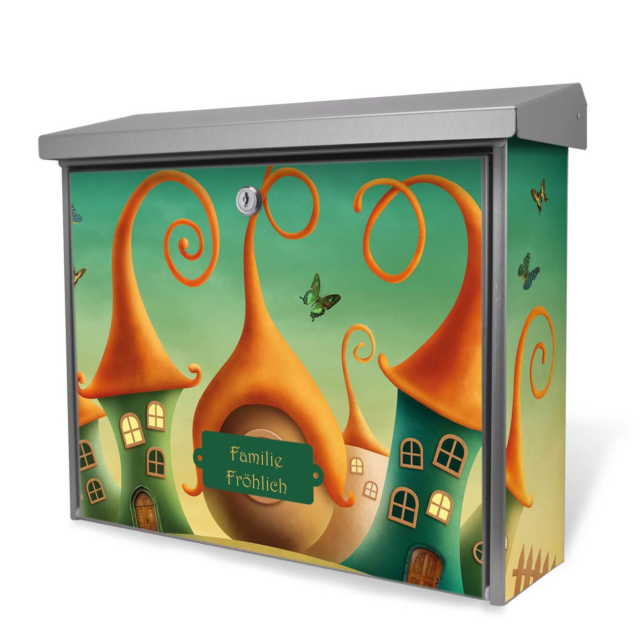 Burg-Wächter Briefkasten Edelstahl mit Regendach und Motiv Zwergenhausen, Briefkasten grau mit 2 Schlüsseln und Montagematerial, geräumiger Postkasten