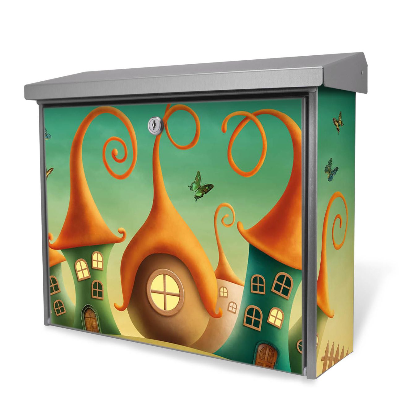 Burg-Wächter Briefkasten Edelstahl mit Regendach und Motiv Zwergenhausen, Briefkasten grau mit 2 Schlüsseln und Montagematerial, geräumiger Postkasten