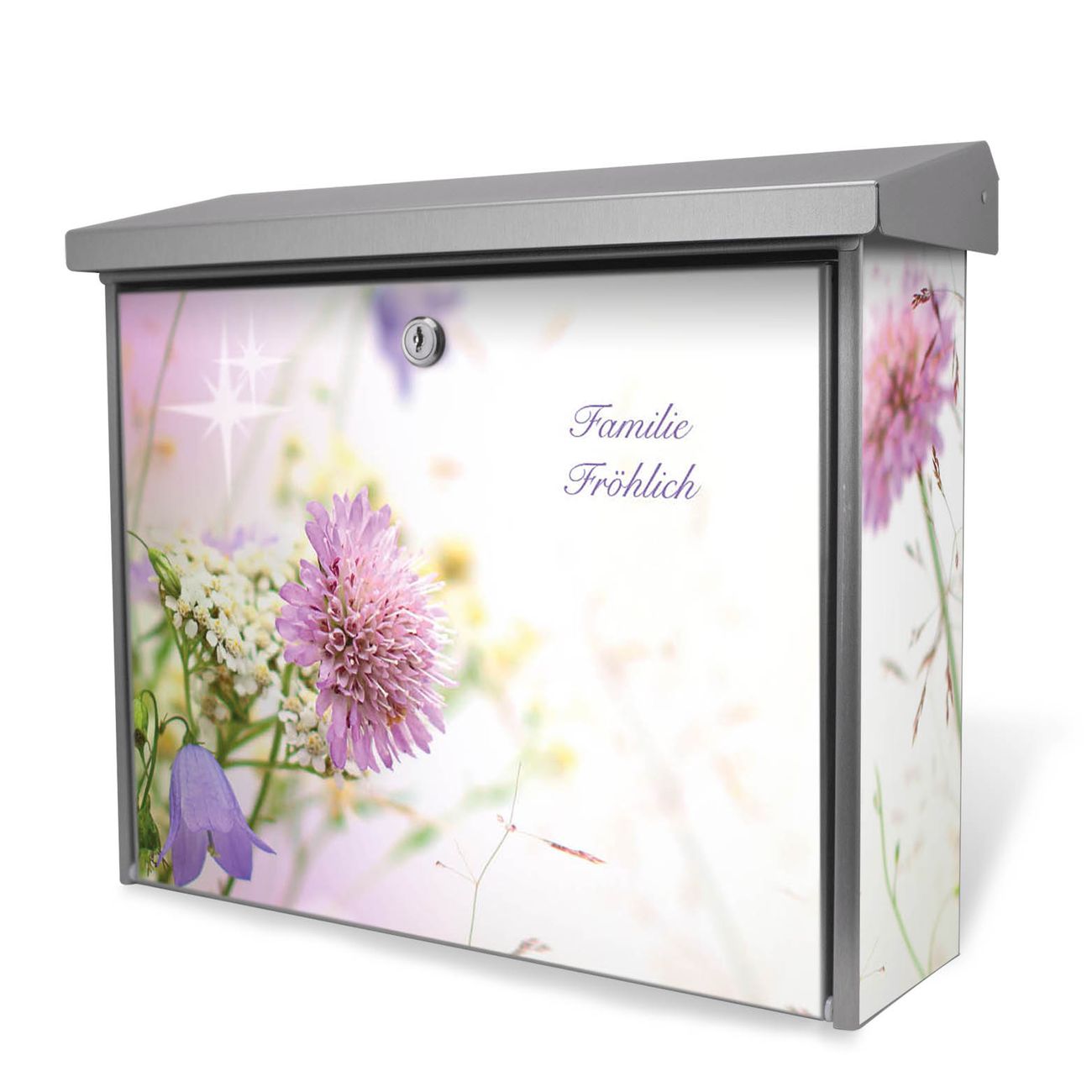 Burg-Wächter Briefkasten Edelstahl mit Regendach und Motiv Wiese Blumen, Briefkasten grau mit 2 Schlüsseln und Montagematerial, geräumiger Postkasten