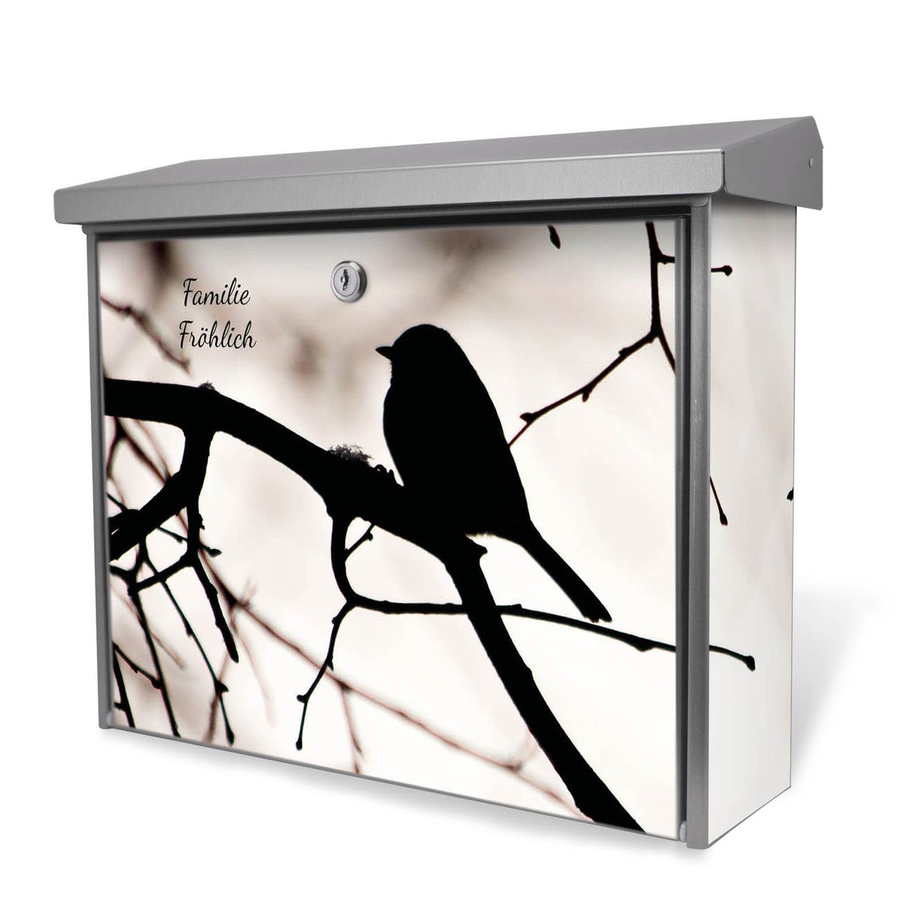 Burg-Wächter Briefkasten Edelstahl mit Regendach und Motiv Früher Vogel, Briefkasten grau mit 2 Schlüsseln und Montagematerial, geräumiger Postkasten