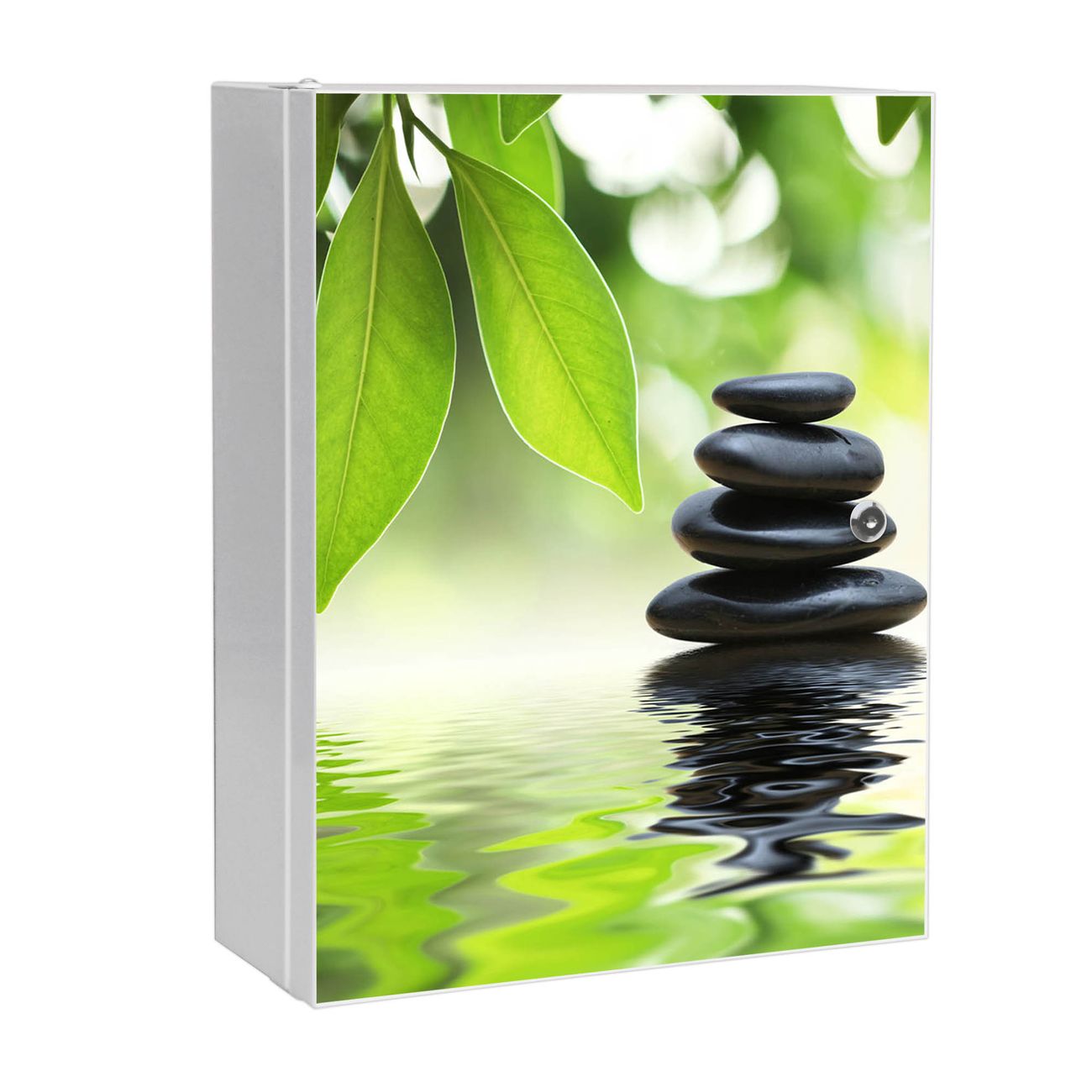 banjado großer Medikamentenschrank Weiß + Front beklebt Steine&Relax abschliessbarer Medizinschrank XXL aus Metall mit 3 Schlüsseln Arzneischrank Badezimmer