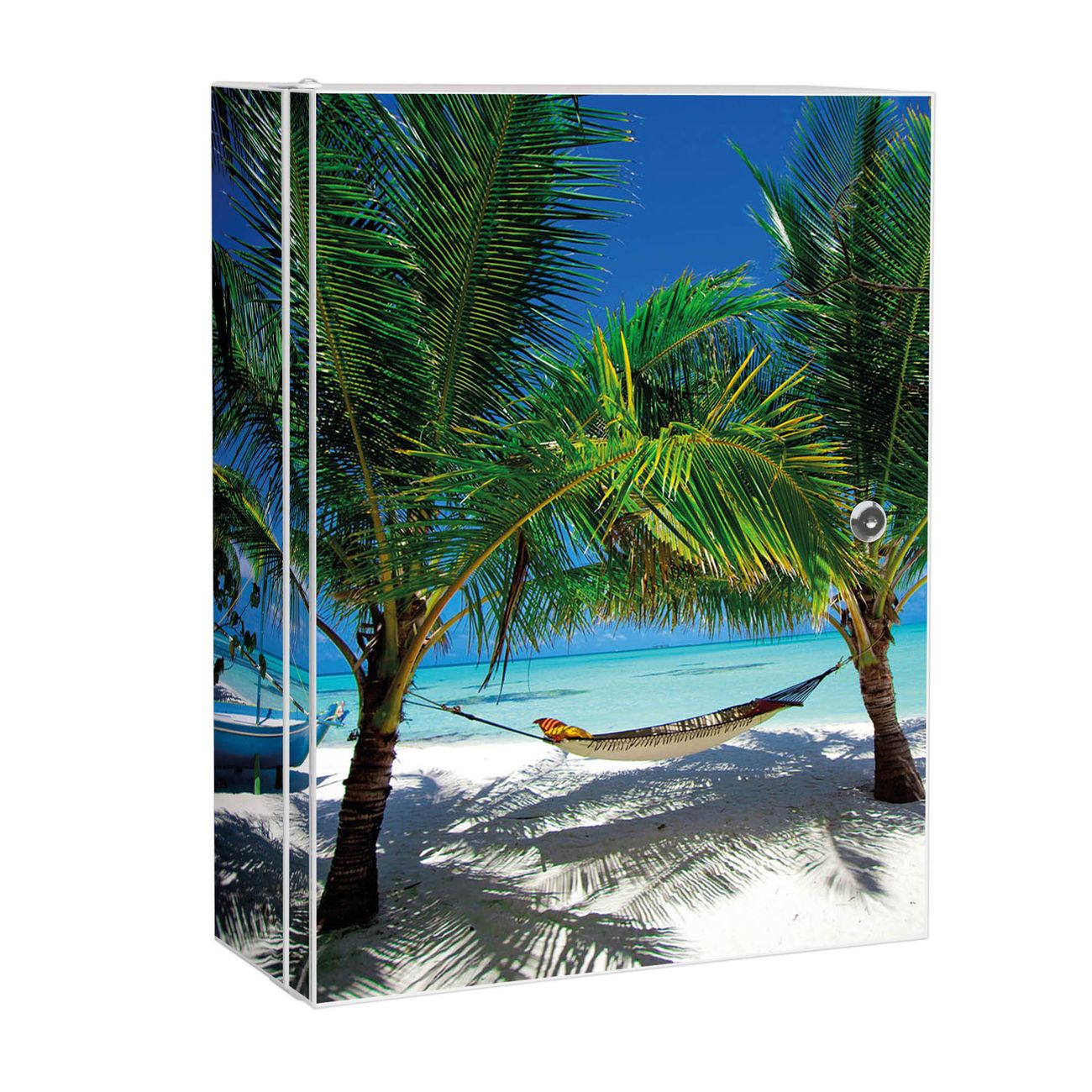 banjado großer Medikamentenschrank Weiß + Front und Seiten beklebt Strand abschliessbarer Medizinschrank XXL aus Metall mit 3 Schlüsseln Arzneischrank Badezimmer