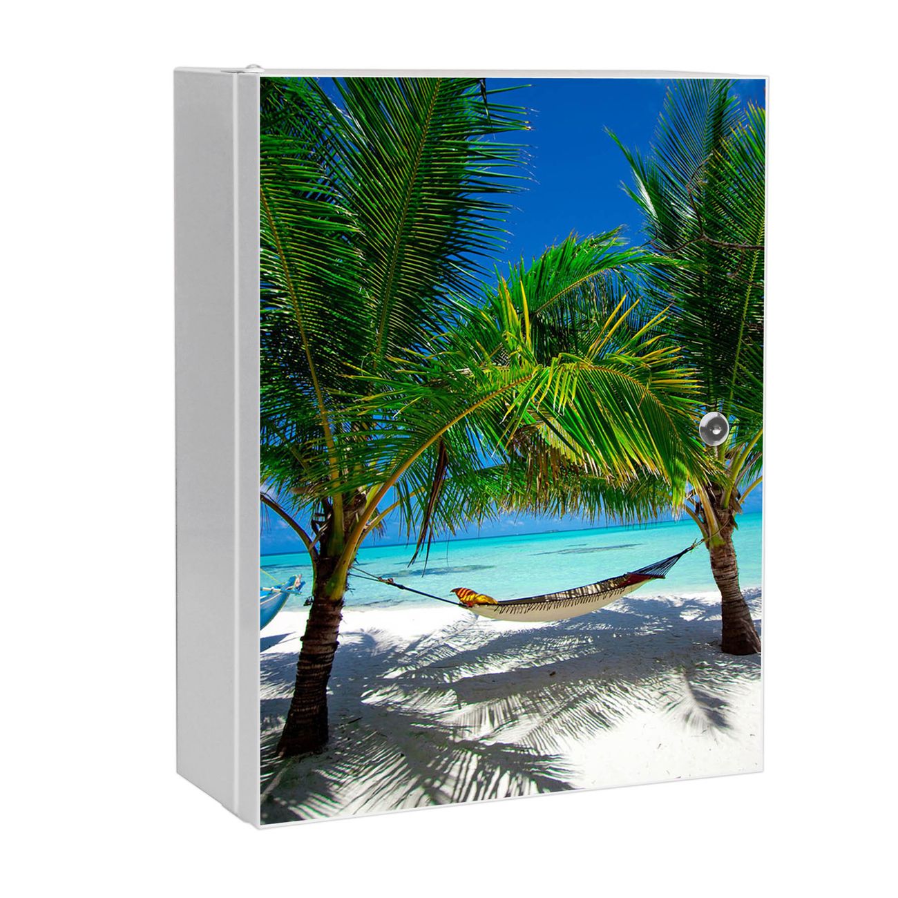 banjado großer Medikamentenschrank Weiß + Front beklebt Strand abschliessbarer Medizinschrank XXL aus Metall mit 3 Schlüsseln Arzneischrank Badezimmer