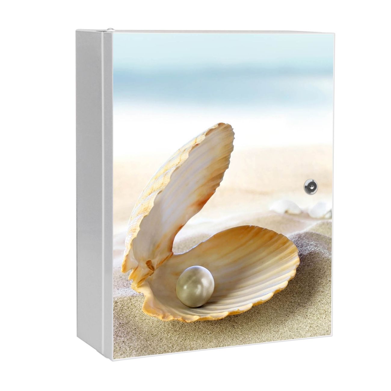 banjado großer Medikamentenschrank Weiß + Front beklebt Perlenmuschel abschliessbarer Medizinschrank XXL aus Metall mit 3 Schlüsseln Arzneischrank Badezimmer