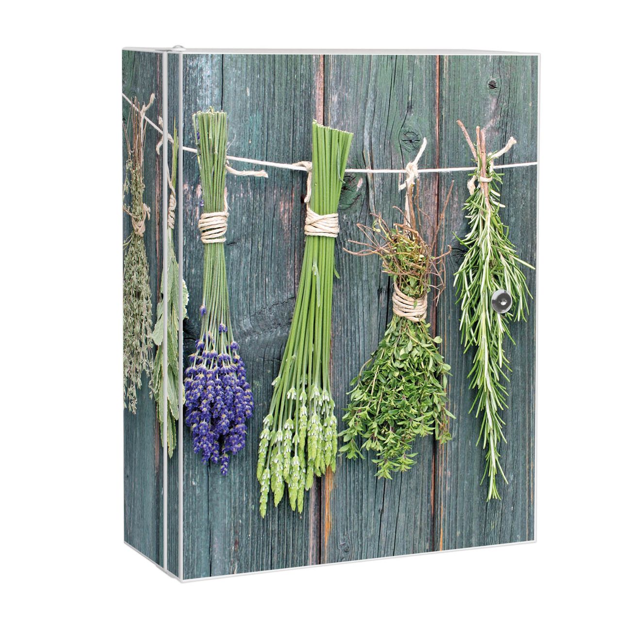 banjado XXL Medizinschrank Weiß + Front und Seiten beklebt Motiv Acht Kräuter abschliessbar Arzneischrank großer Medikamentenschrank, Metall Apothekerschrank, 3 Schlüssel