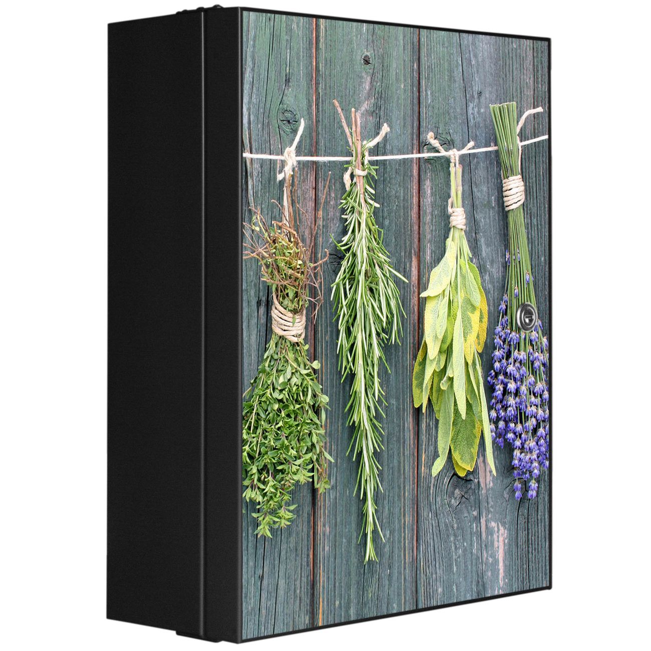 banjado XXL Medizinschrank Anthrazit + Front beklebt Motiv Acht Kräuter abschliessbar Arzneischrank großer Medikamentenschrank, Metall Apothekerschrank, 3 Schlüssel