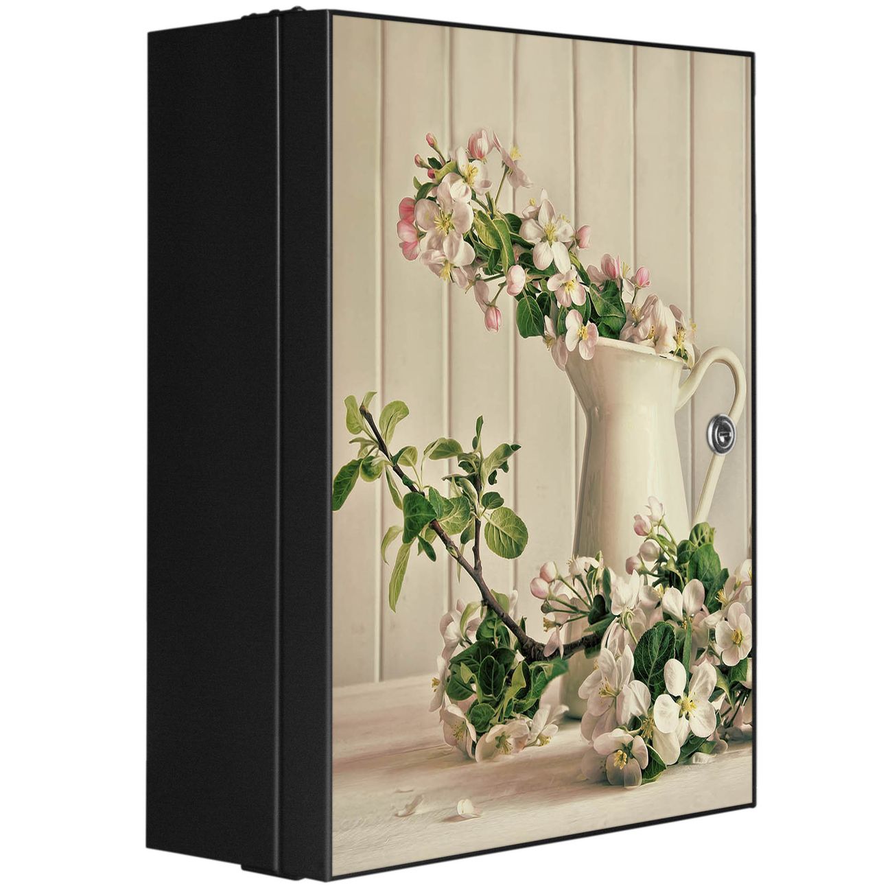 banjado großer Medikamentenschrank Anthrazit + Front beklebt Kirschblüten abschliessbarer Medizinschrank XXL aus Metall mit 3 Schlüsseln Arzneischrank Badezimmer