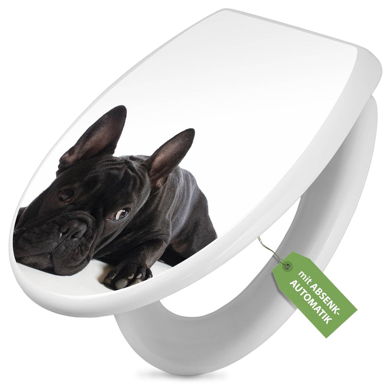 banjado Premium WC-Sitz mit Absenkautomatik O-Form weiß Soft-Close ohne Kindersitz Duroplast antibakteriell leichte Reinigung, mit Motiv Bulldogge