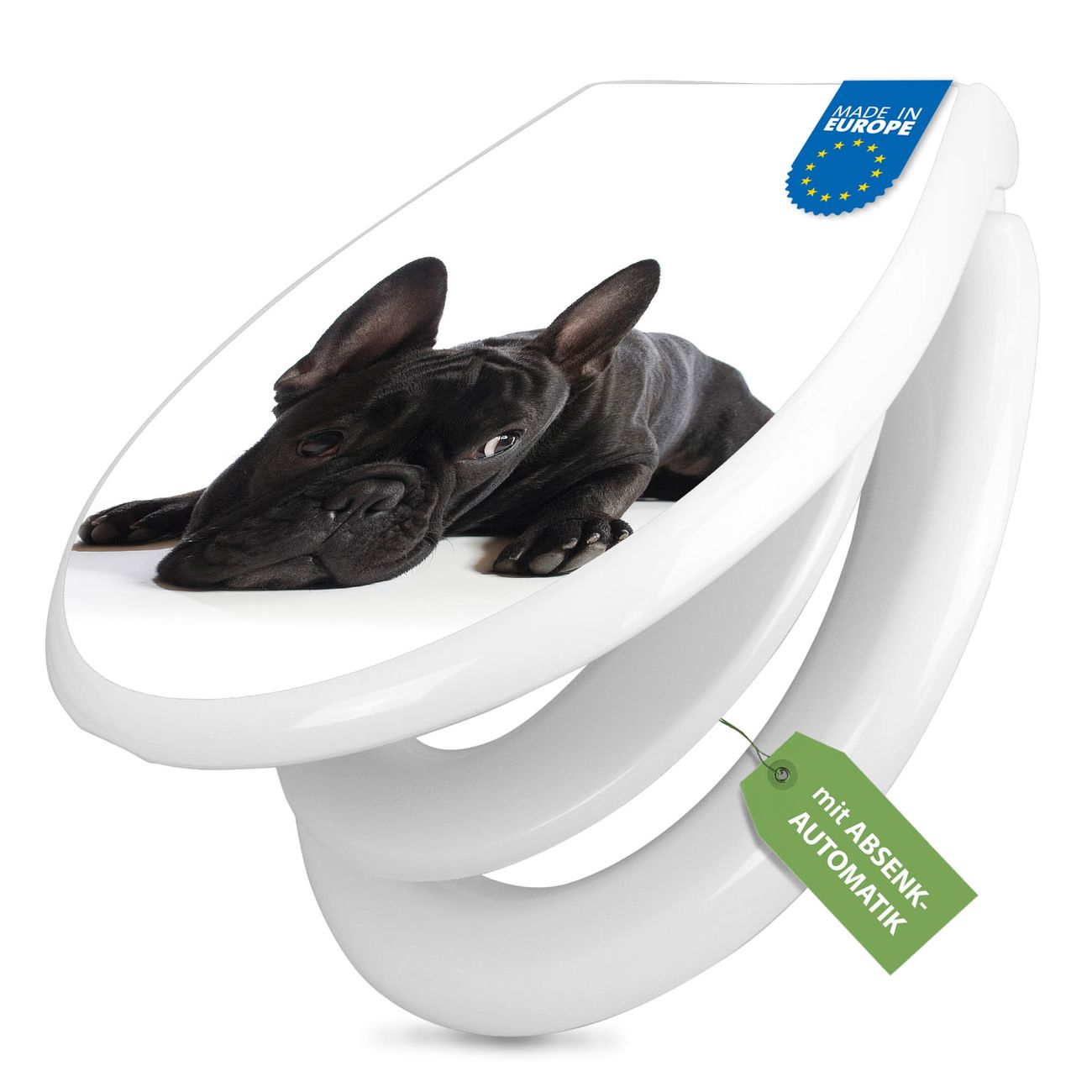 banjado Premium WC-Sitz mit Absenkautomatik O-Form weiß Soft-Close mit Kindersitz Duroplast antibakteriell leichte Reinigung, mit Motiv Bulldogge