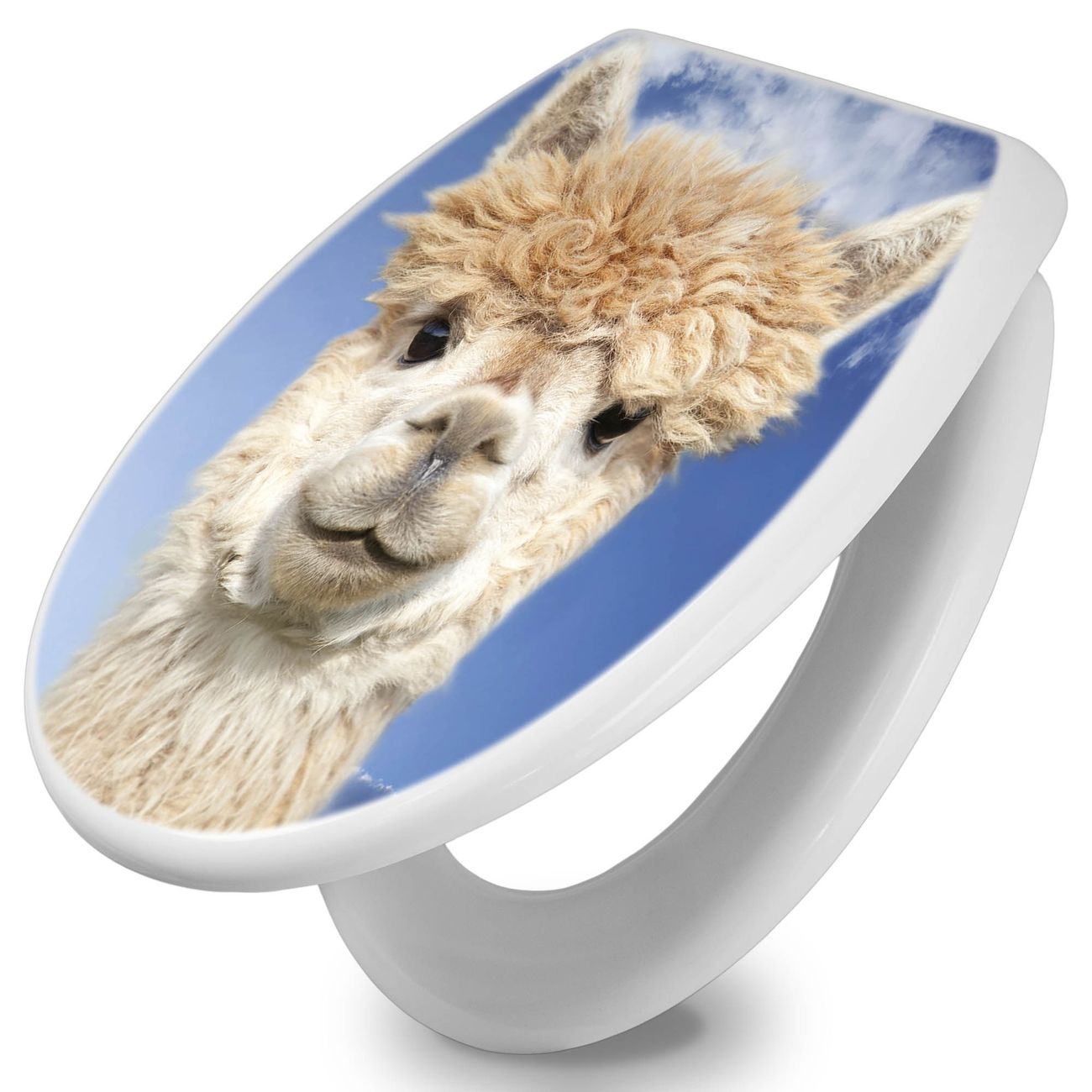 banjado Premium WC-Sitz mit Absenkautomatik O-Form weiß Soft-Close ohne Kindersitz Duroplast antibakteriell leichte Reinigung, mit Motiv Lama