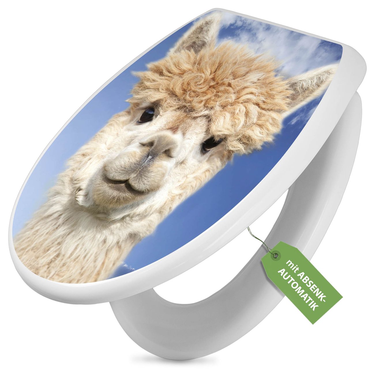 banjado Premium WC-Sitz mit Absenkautomatik O-Form weiß Soft-Close ohne Kindersitz Duroplast antibakteriell leichte Reinigung, mit Motiv Lama