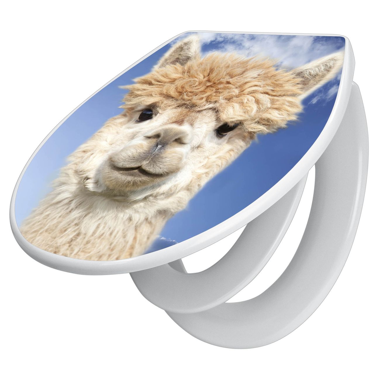 banjado Premium WC-Sitz mit Absenkautomatik O-Form weiß Soft-Close mit Kindersitz Duroplast antibakteriell leichte Reinigung, mit Motiv Lama