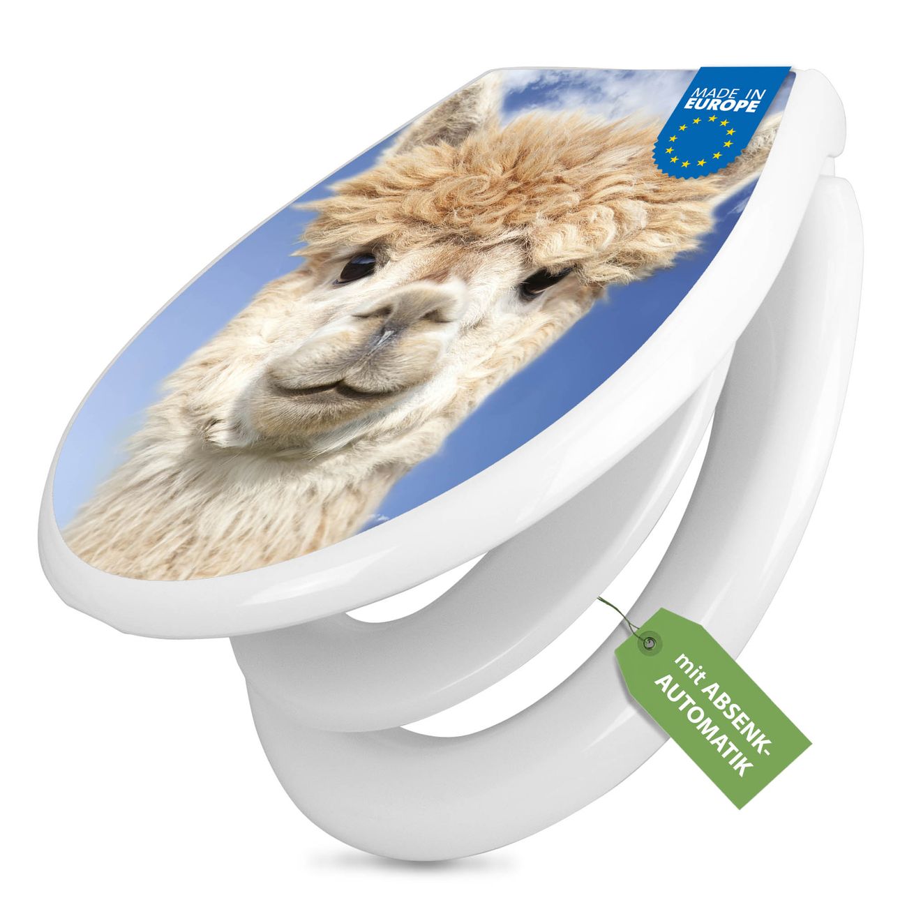 banjado Premium WC-Sitz mit Absenkautomatik O-Form weiß Soft-Close mit Kindersitz Duroplast antibakteriell leichte Reinigung, mit Motiv Lama