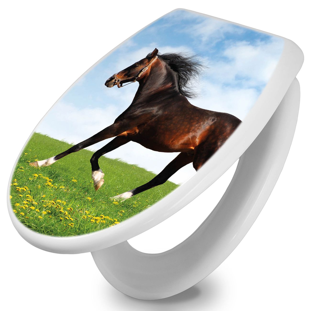 banjado Premium WC-Sitz mit Absenkautomatik O-Form weiß Soft-Close ohne Kindersitz Duroplast antibakteriell leichte Reinigung, mit Motiv Pferd