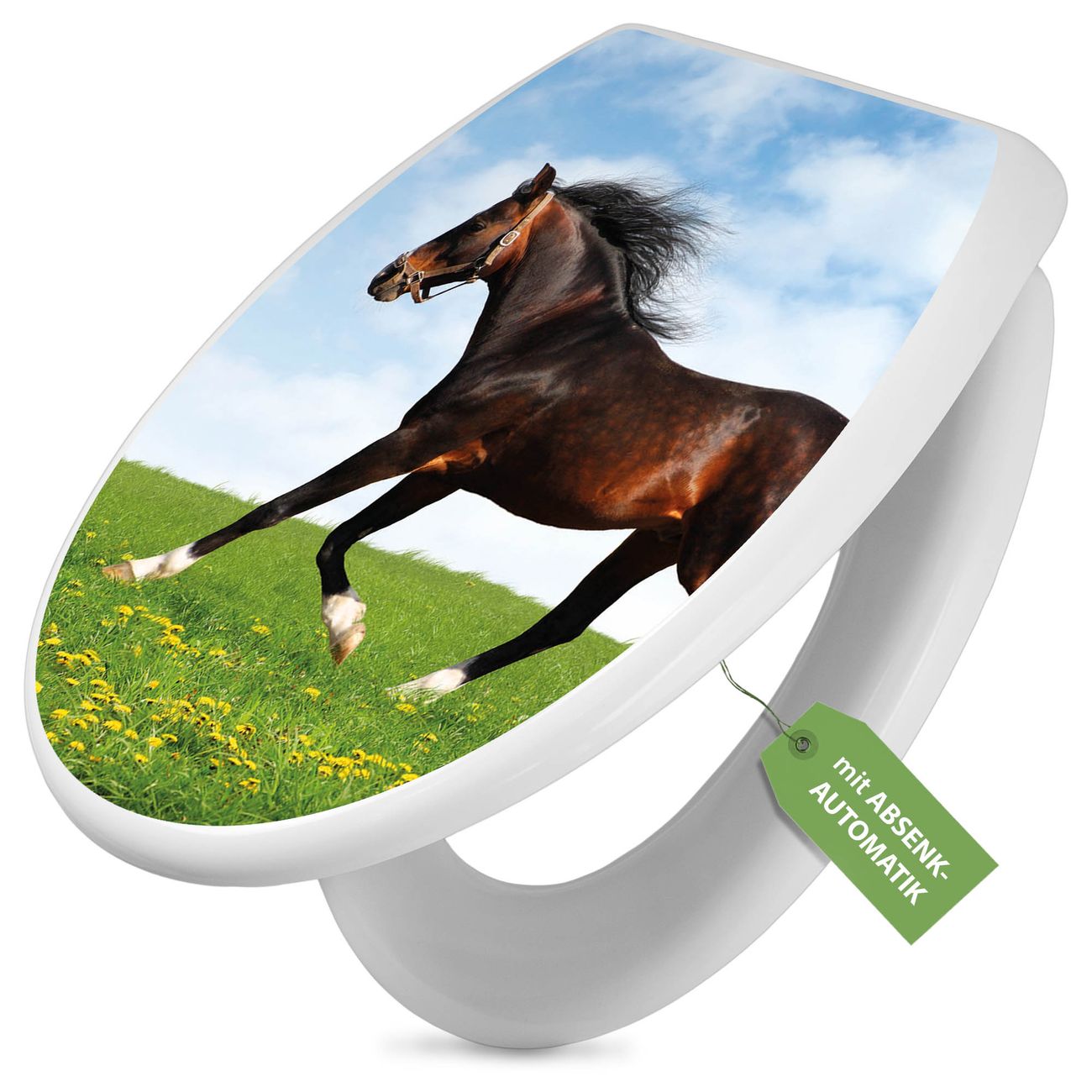 banjado Premium WC-Sitz mit Absenkautomatik O-Form weiß Soft-Close ohne Kindersitz Duroplast antibakteriell leichte Reinigung, mit Motiv Pferd