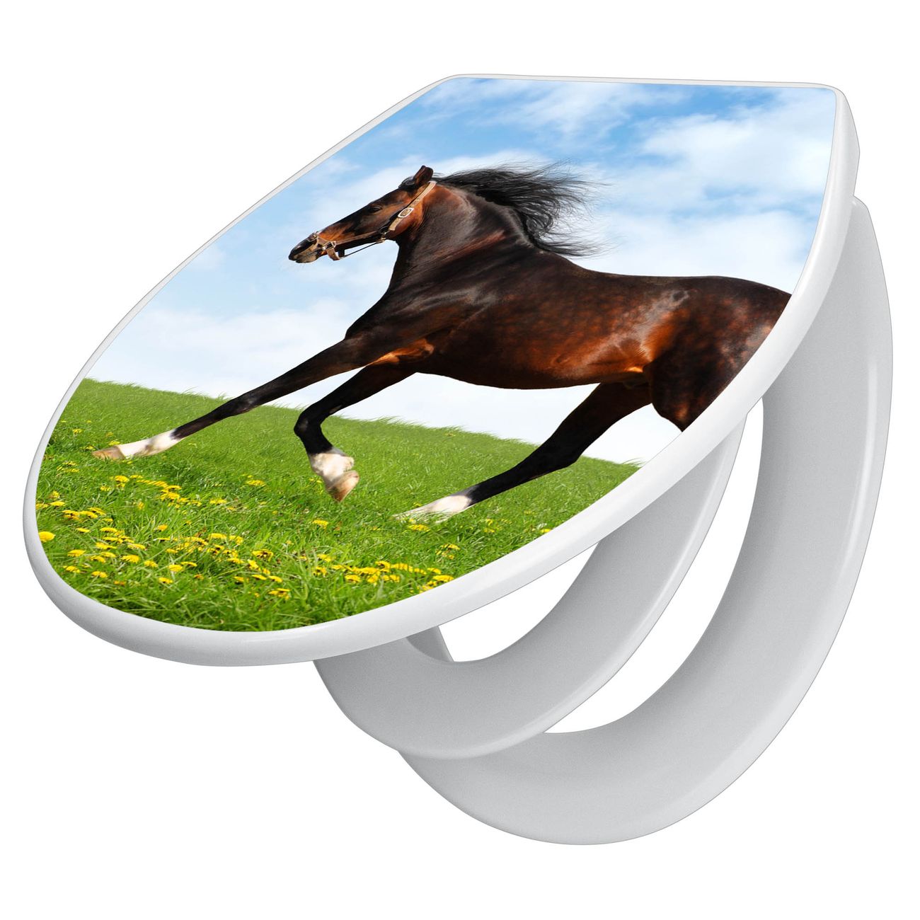 banjado Premium WC-Sitz mit Absenkautomatik O-Form weiß Soft-Close mit Kindersitz Duroplast antibakteriell leichte Reinigung, mit Motiv Pferd