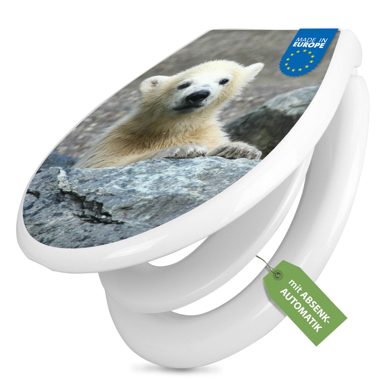 banjado Klobrille mit Absenkautomatik kaufen, Toilettendeckel weiss mit Kindersitz, Leichte Montage und Dämpfungsverschluss, Motiv Eisbär Baby