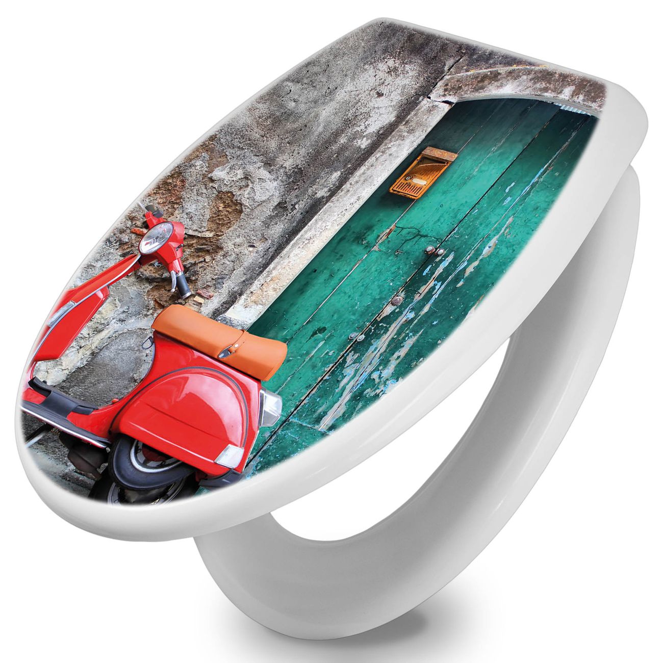 banjado Premium WC-Sitz mit Absenkautomatik O-Form weiß Soft-Close ohne Kindersitz Duroplast antibakteriell leichte Reinigung, mit Motiv Italien